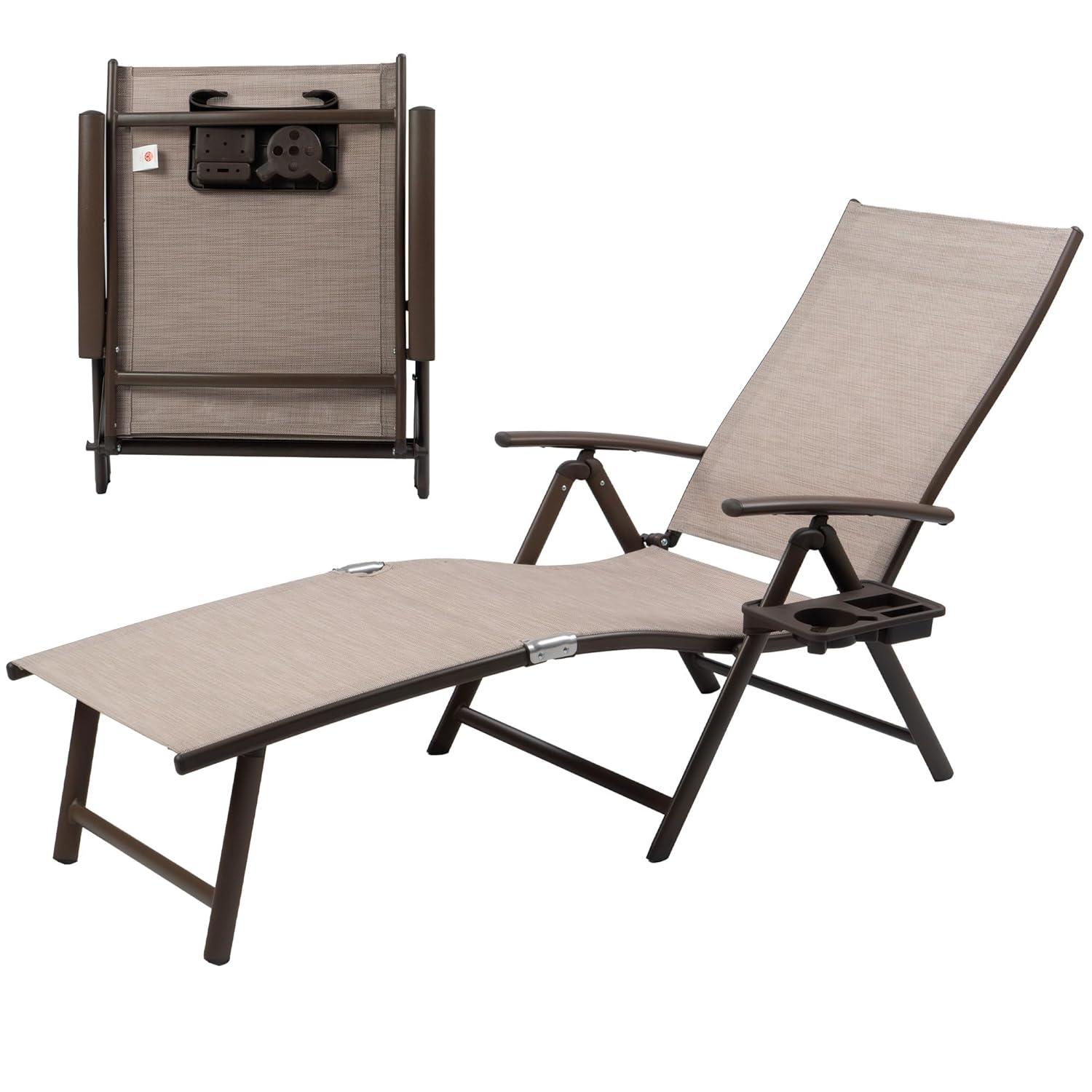 Kozyard Cozy Aluminum Reclining Lounge Chair - Perfect for Beach, Yard, Pool, Deck, and Patio - Outdoor Chaise Lounge with Drink Holder, Weather Free, Adjustable - Assemble-Free(1 Pack, Beige)