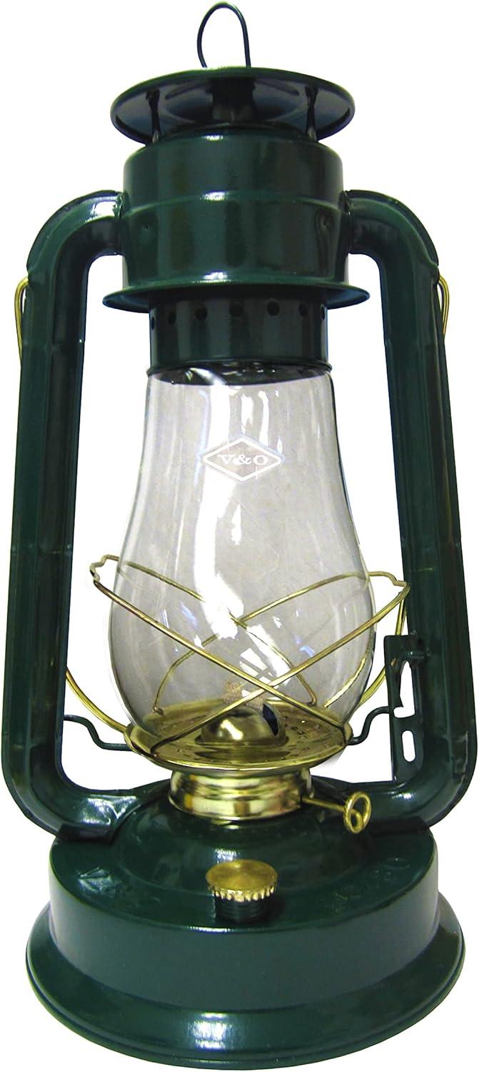 Green Metal 15" Oil Lantern with Brass Trim