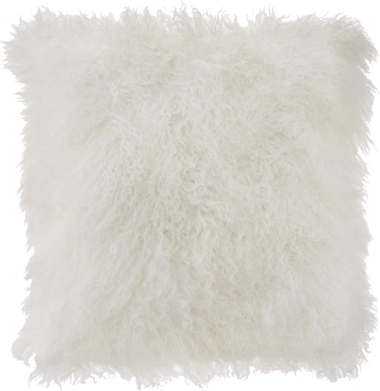 SARO 3564.I16S 16 in. Square Wool Mongolian Lamb Fur Throw Pillow  Ivory