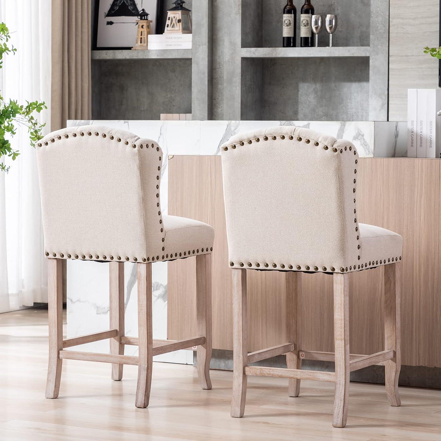 Beige Linen Tufted 26" Counter Height Bar Stools with Nailhead Trim, Set of 2