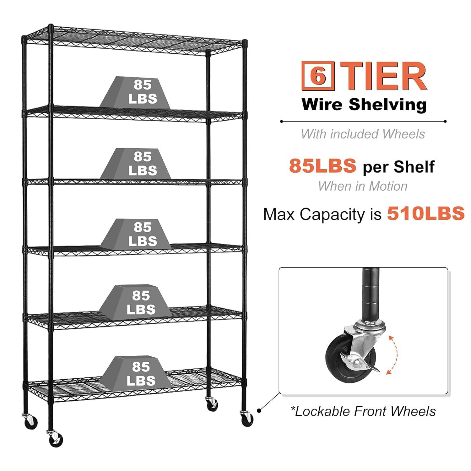 6-Tier Storage Shelves NSF Certified Wire Shelving Unit on Wheels Heavy Duty Metal Shelves Adjustable Steel Shelving 2100Lbs Capacity for Closet Pantry Basement- (18"x48"x82", Black)