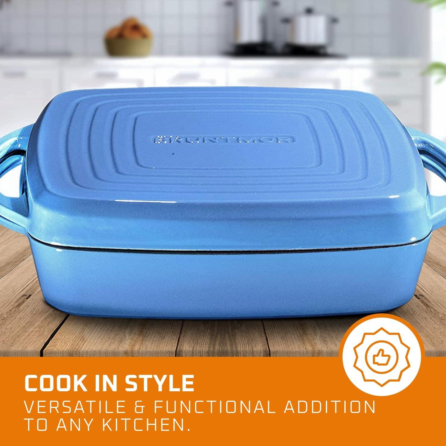 Bruntmor 2-in-1 Pre-seasoned Square Cast Iron Dutch Oven With Dual Handles, Blue