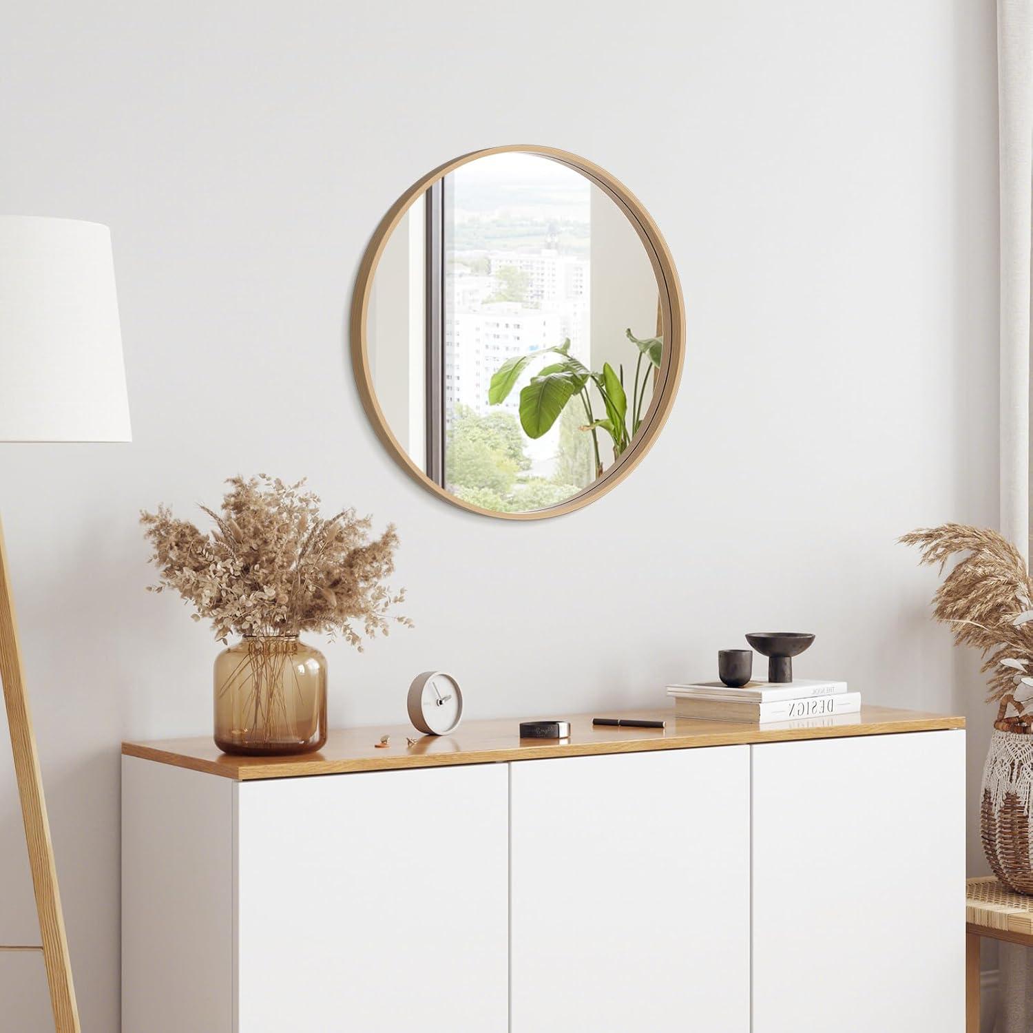 WallBeyond 24" Wood Round Mirror Natural : Pine Frame, Modern Style, Wall Mount, No Assembly Required