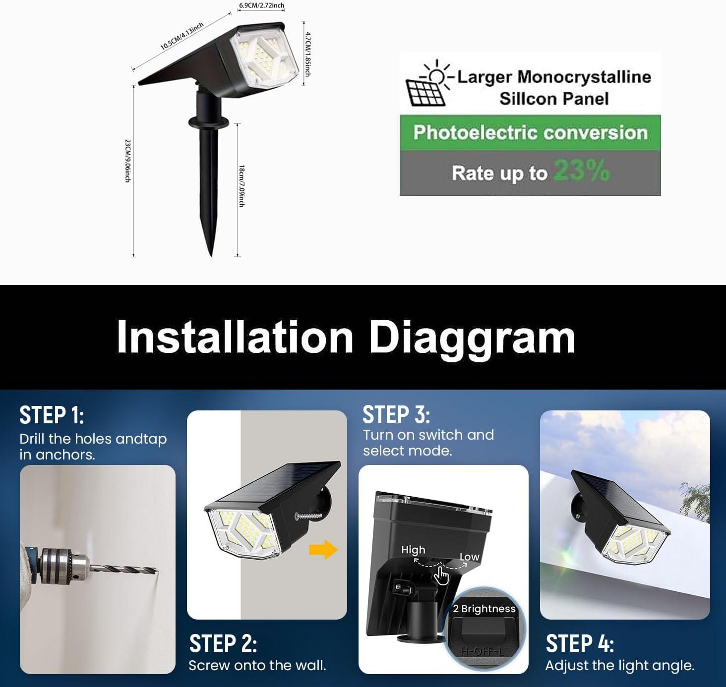 4 Pack Solar Spotlight Outdoor, 64 LEDs 1000 lumens Solar Outdoor Lights Waterproof, IP66 Solar Lights Outdoor Waterproof Landscape Spot Lights Wall Garden Lights for Yard Outdoor Solar Lights