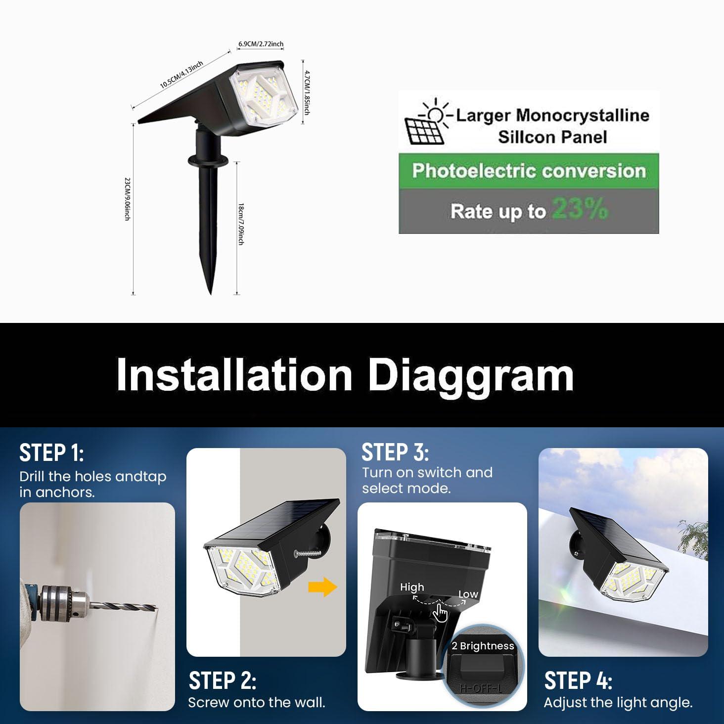 4 Pack Solar Spotlight Outdoor, 64 LEDs 1000 lumens Solar Outdoor Lights Waterproof, IP66 Solar Lights Outdoor Waterproof Landscape Spot Lights Wall Garden Lights for Yard Outdoor Solar Lights