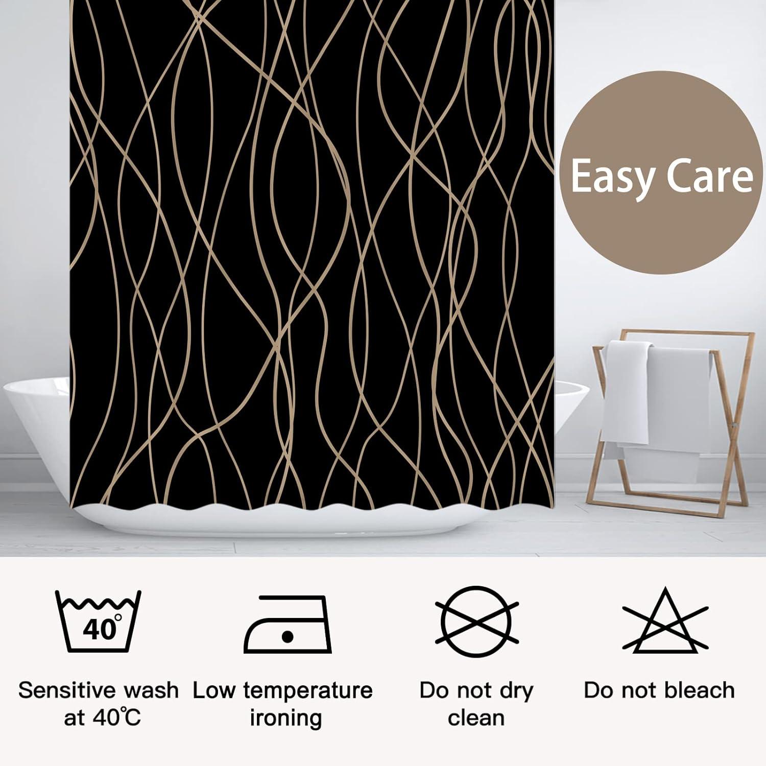 Black and Brown Striped Wavy Line Fabric Shower Curtain for Bathroom with 12 Hooks, Shower Curtains for Bathroom 72 Inches Long, Weighted Hem,Waterproof Bath Accessories Hotel Style