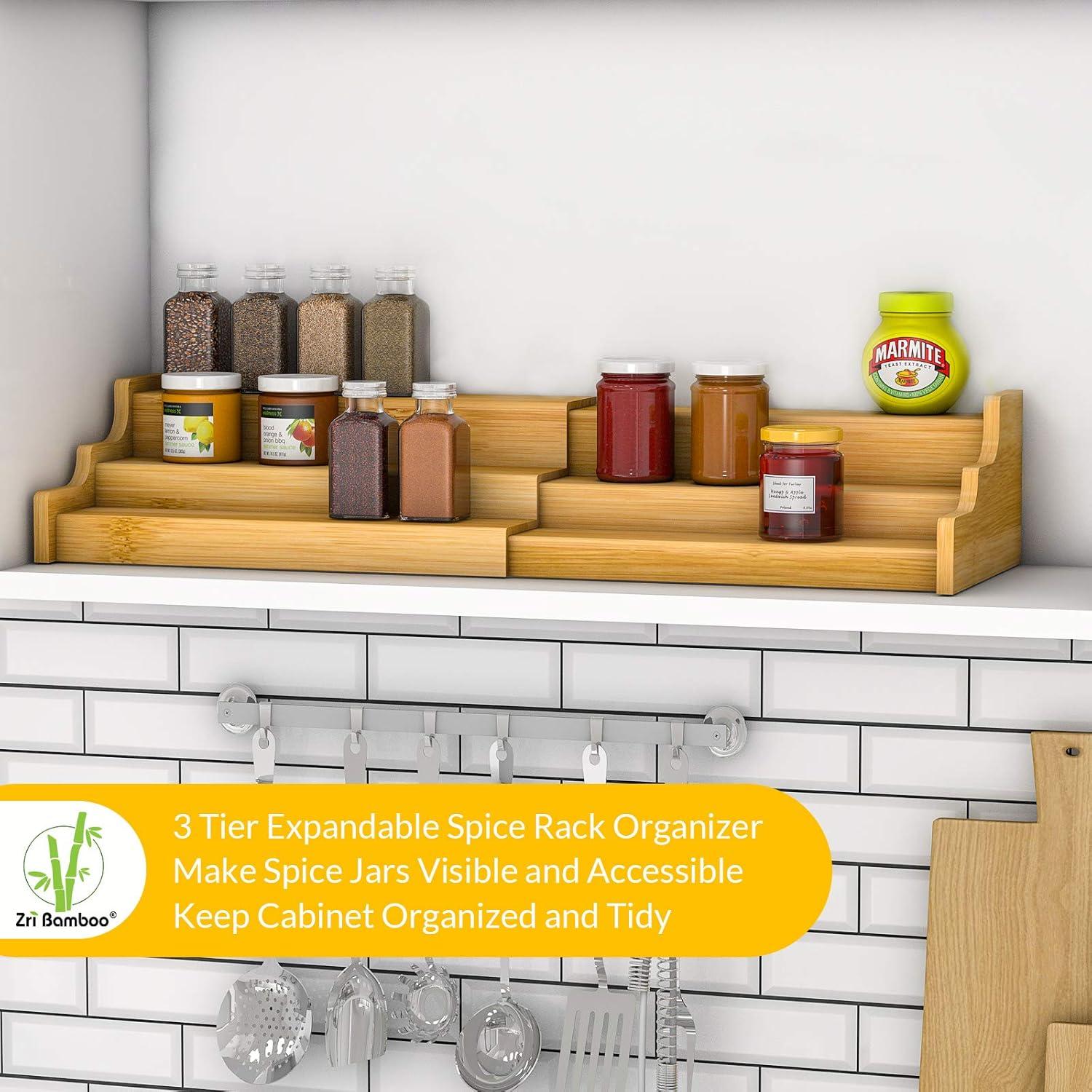 Spice Rack Kitchen Cabinet Organizer- 3 Tier Bamboo Expandable Display Shelf Yellow