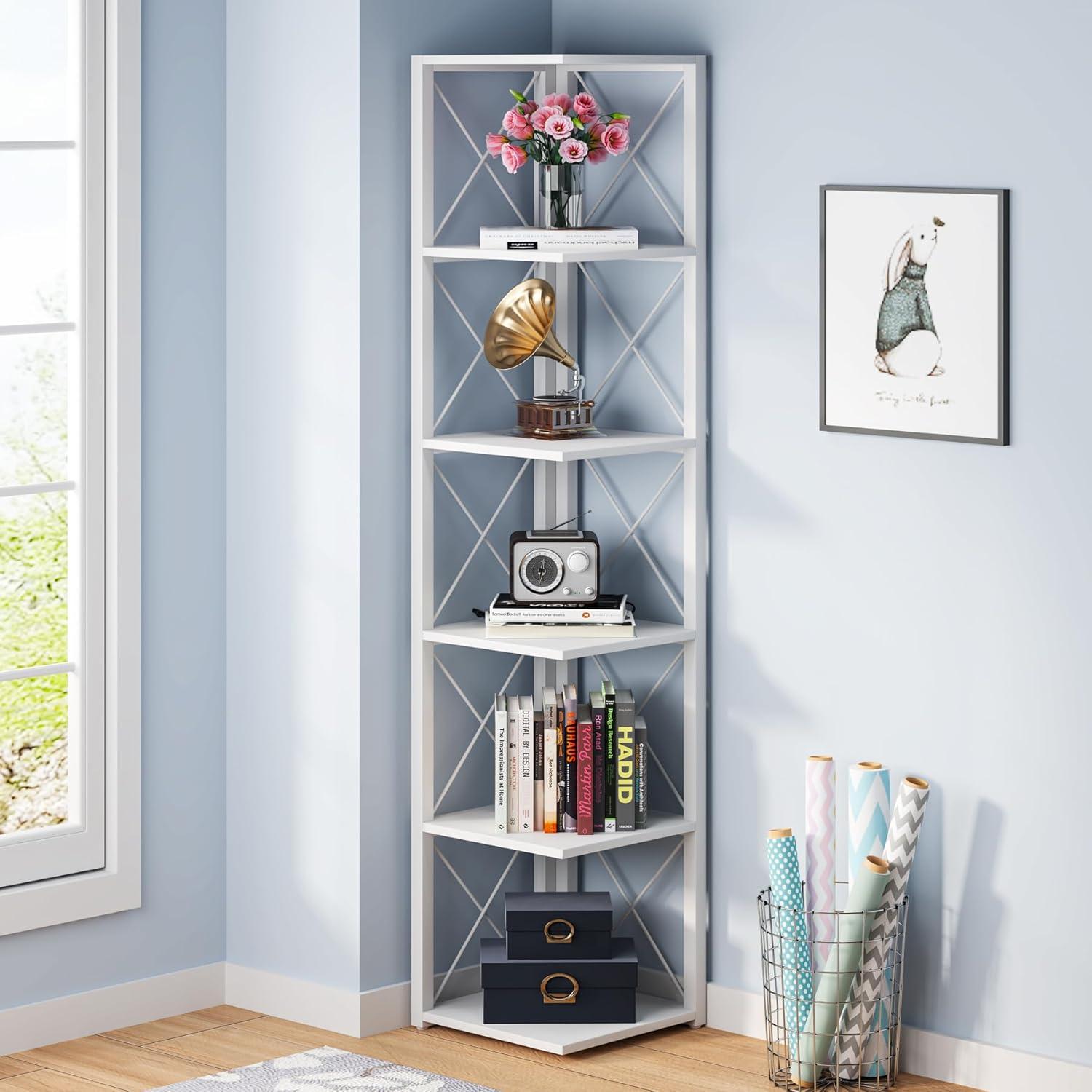 Hommoo 6-Tier Corner Shelf, 70.86" Corner Bookshelf White