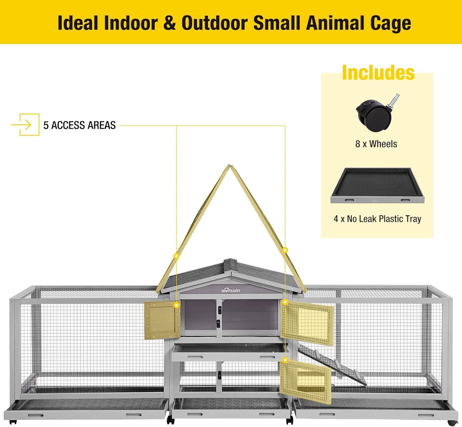 Gray Fir Wood Large Indoor Outdoor Rabbit Hutch with Wheels