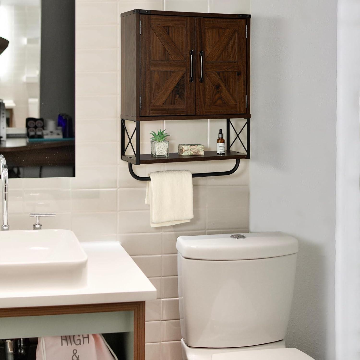 Farmhouse Rustic Medicine Cabinet With Two Barn Door,Wood Wall Mounted Storage Cabinet With Adjustable Shelf And Towel Bar, 3-Tier Cabinet For Bathroom, Living Room