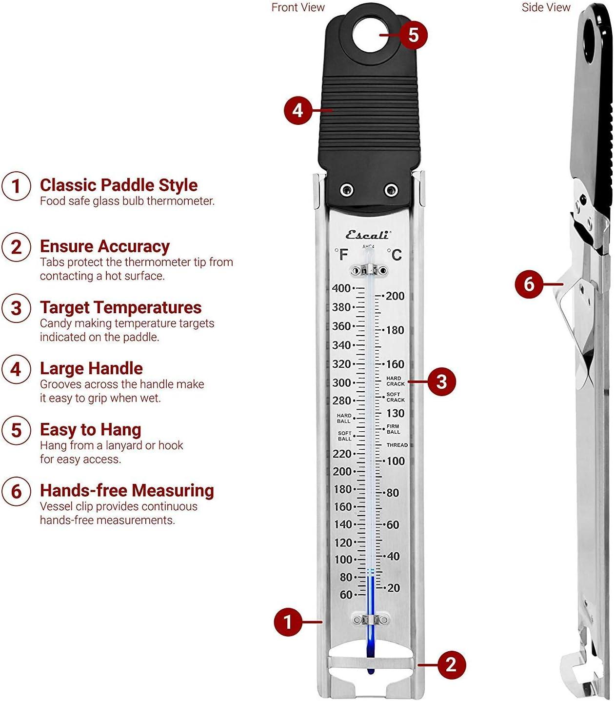 Escali Deep Fry Stainless Steel Paddle Candy Thermometer, Heat Resistant Handle, and Hand-Free Clip, Temperature Indications