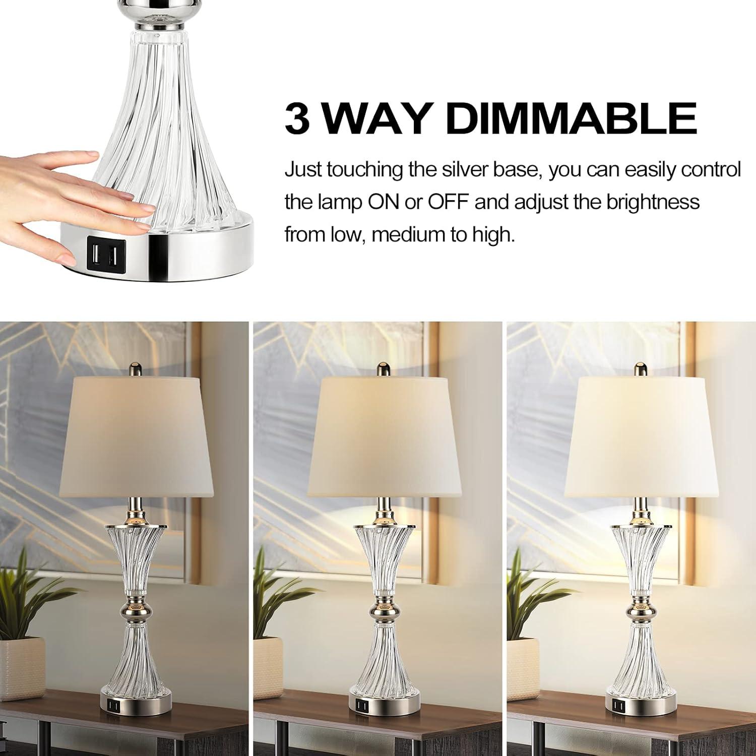 Touch Control Dimmable Table Lamps for Bedrooms, 3-Way Gold Crystal Bedside Lamp with USB Ports, Set of 2 Contemporary End Table Lamps with White Drum Shade for Living Room Reading, LED Bulbs Included