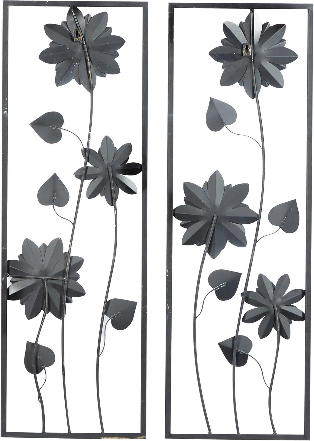 DecMode Gray Metal Floral Wall Decor with Black Frame (2 Count)