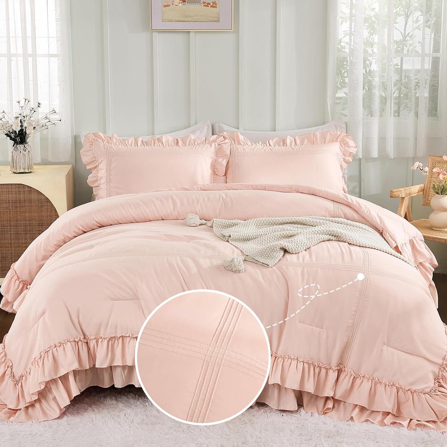 HOMERRY Pink Ruffle Pattern Duvet Cover Queen Size, 3PCS Soft Microfiber Fabric Comforter Set, 90x90 in