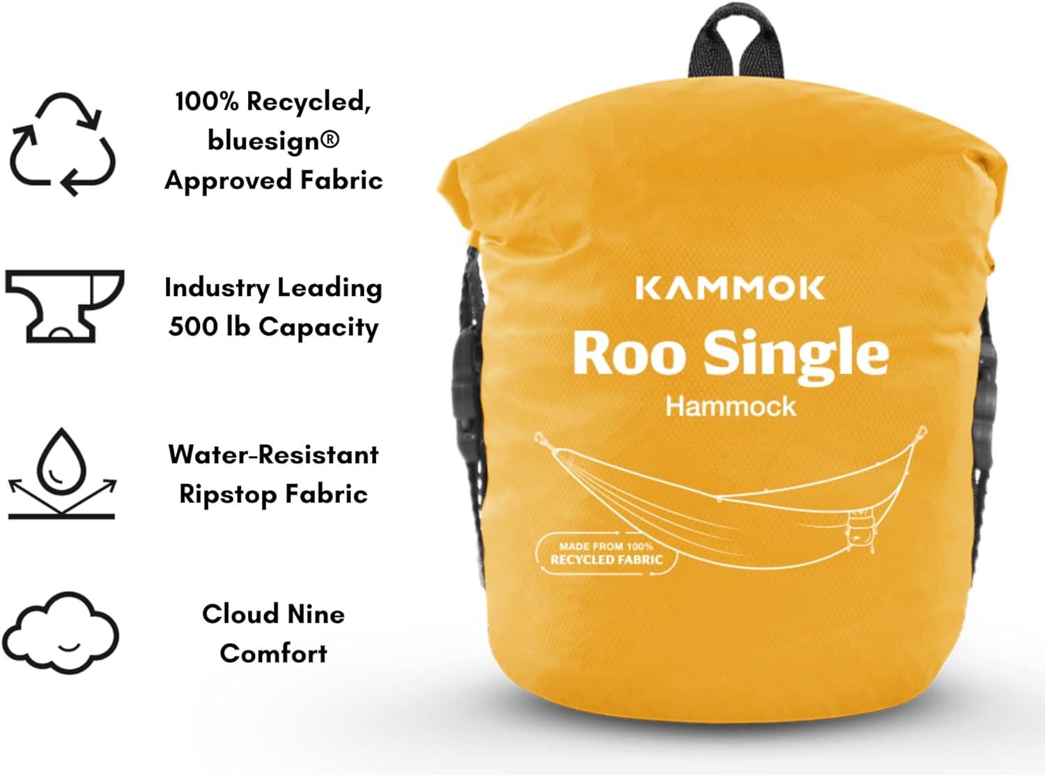 Kammok Roo Single Hammock with Stuff Sack | Waterproof Ripstop Nylon, Gear Loops | Lightweight for Camping and Backpacking, Sunflower Gold