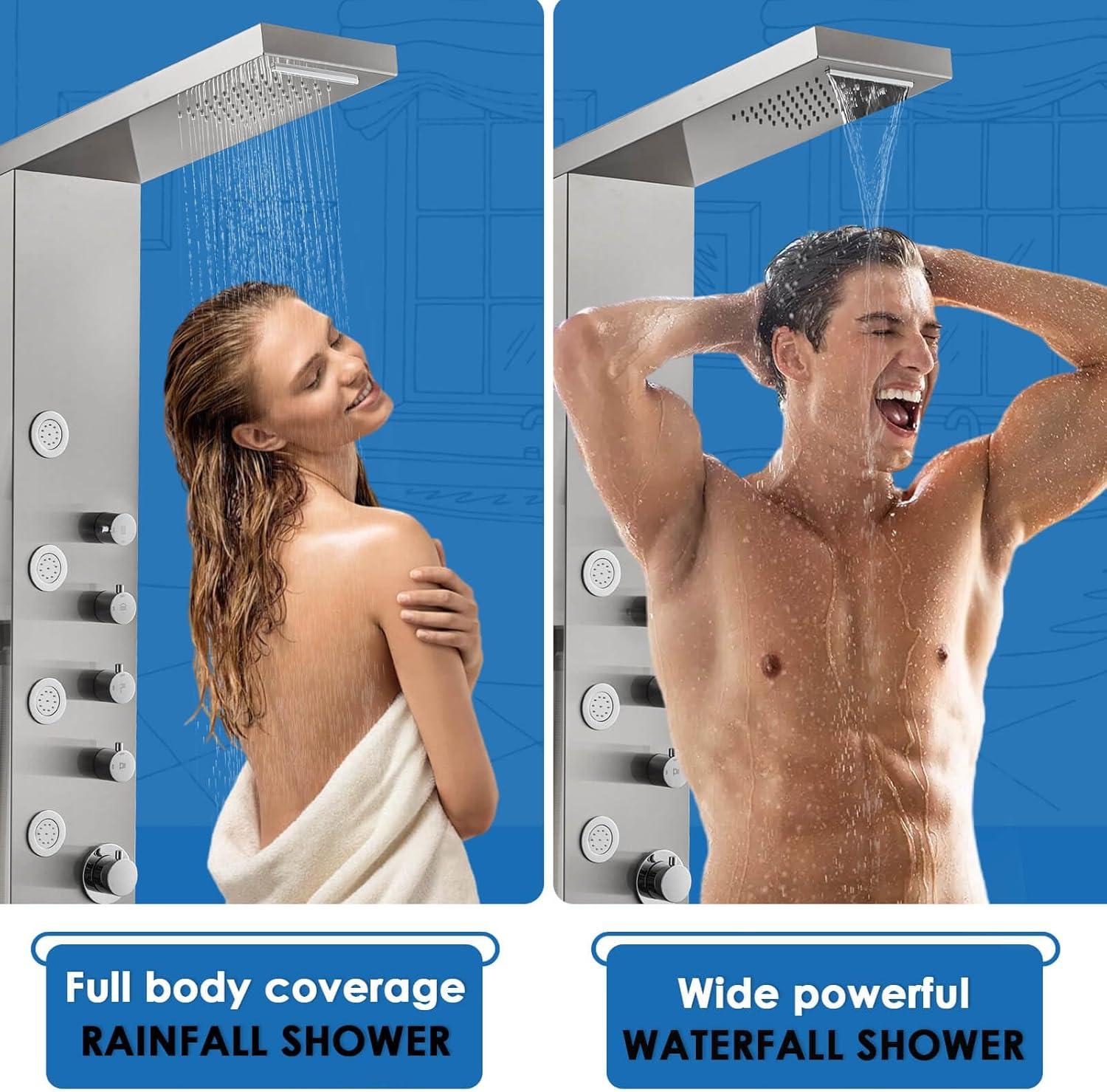 Brushed Stainless Steel Wall-Mount Shower Panel with Body Jets