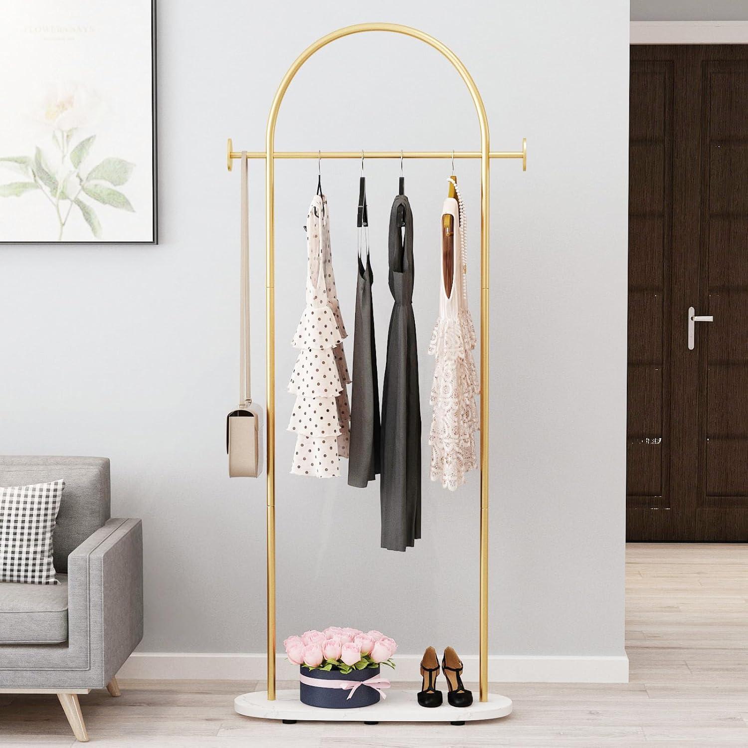 Gold Clothing Garment Rack with Marble Base and Tray, Modern Minimalist Hanging Clothes Rack, for Coats, Hats, Scarves and Handbags of Entryway, Hallway, Bedroom, Office（Golden）