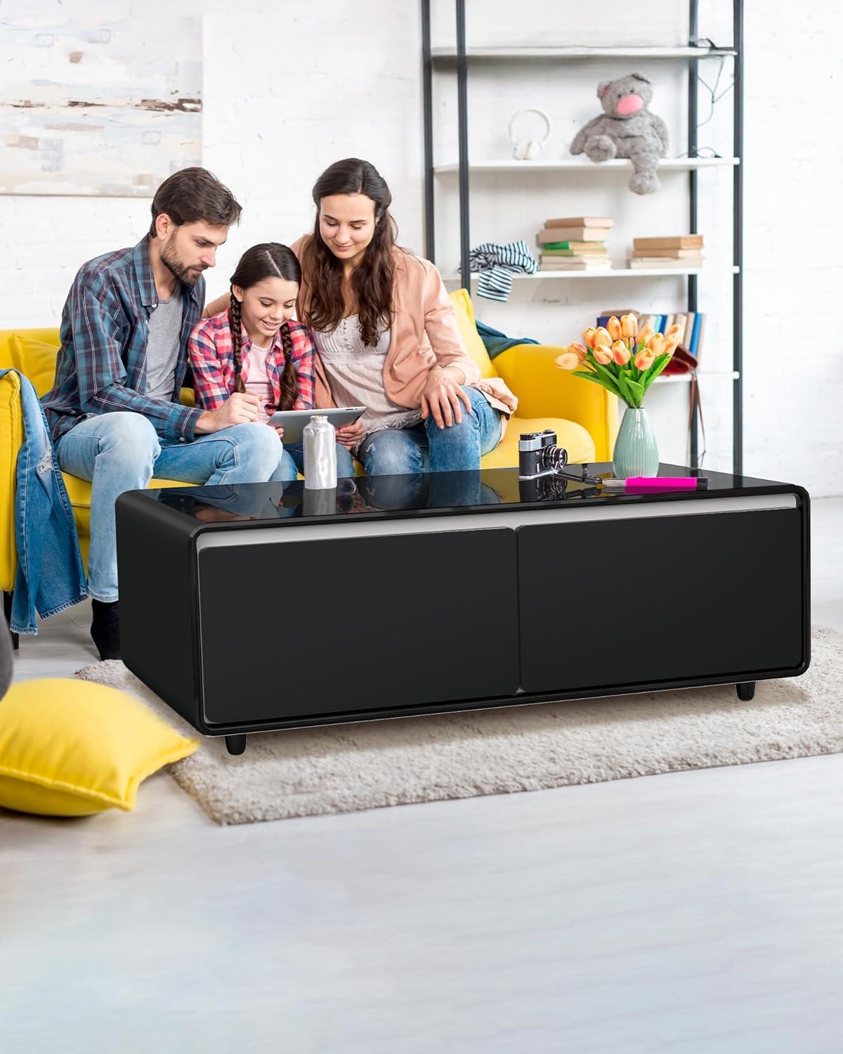 Black High Gloss Smart Coffee Table with Storage and Built-in Fridge