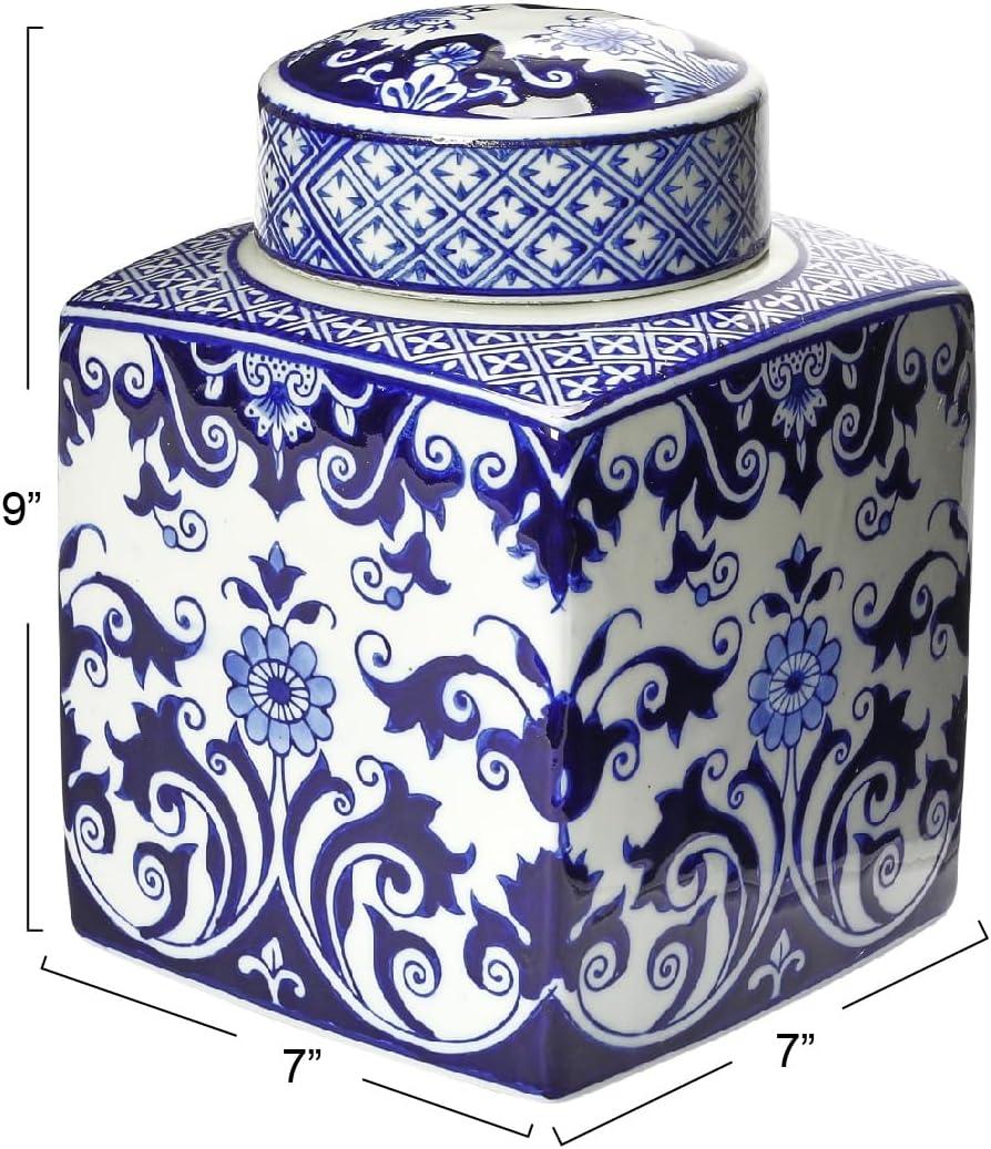 Blue and White Floral Ceramic Ginger Jar with Lid