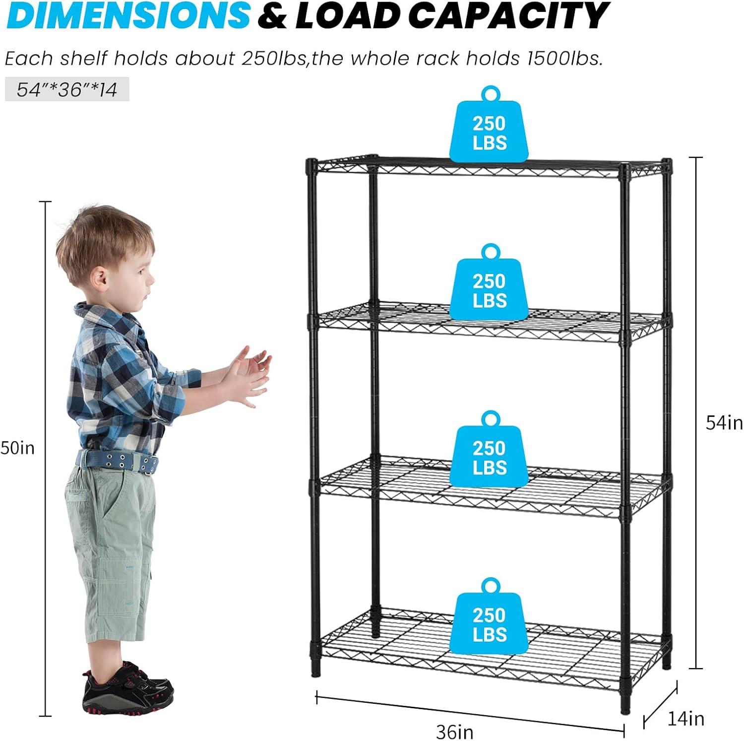 Qunler 4-Tier Storage Shelf Unit 54"H x 36"W x 14"D, Garage NSF Wire Shelving Steel Storage Shelves Heavy Duty Height Adjustable for 600lbs Capacity, Black