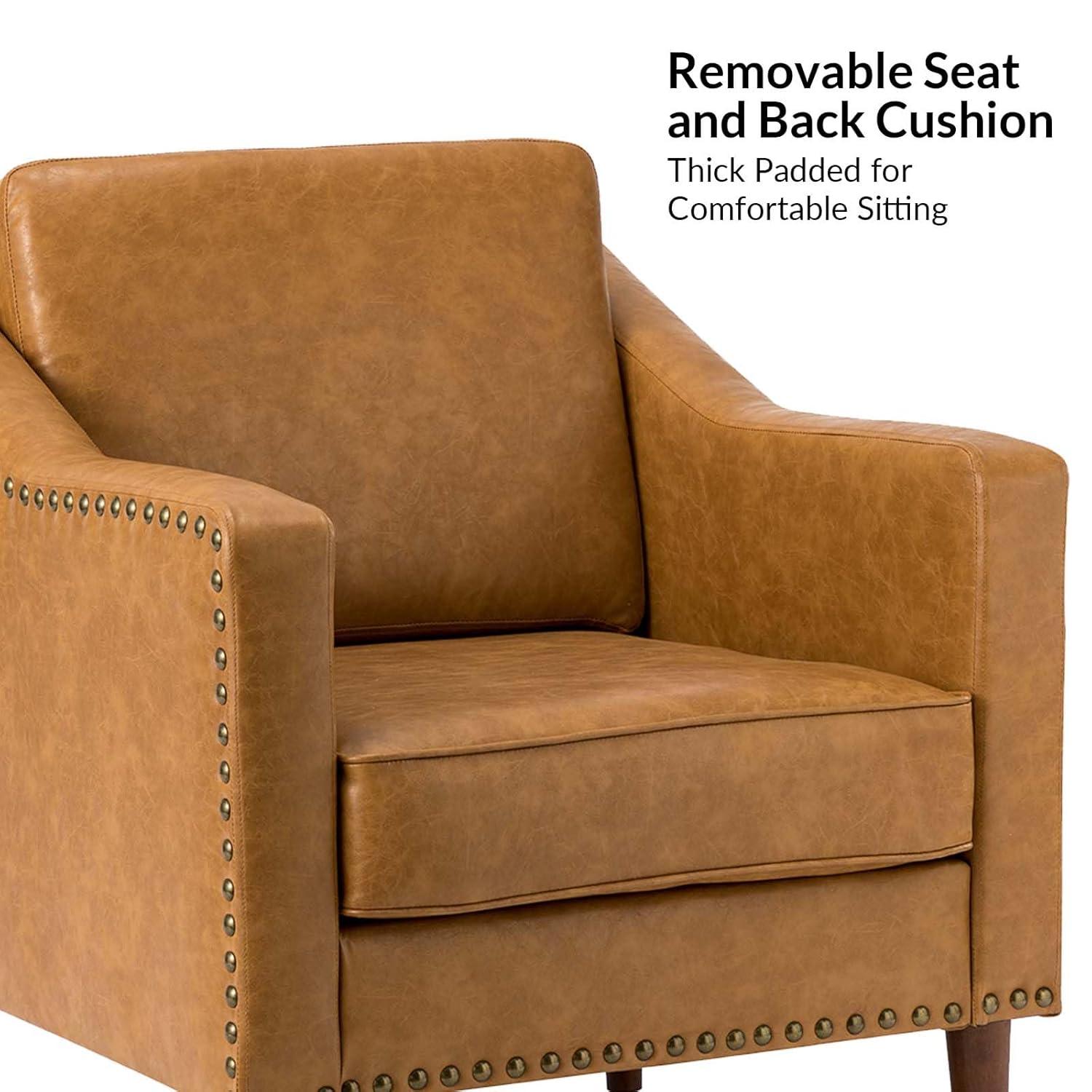 HULALA HOME Faux Leather Accent Armchairs Set of 2 with Back & Seat Cushions, Traditional Club Chairs with Nailhead Trim, Comfy Upholstered Sofa Chairs for Living Room Bedroom, Beige