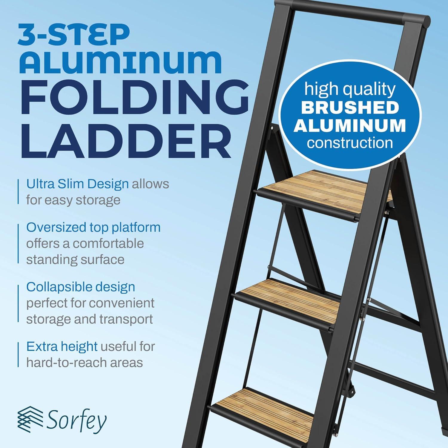 Step Ladder 3 Step Folding, Decorative - Beautiful Bamboo & Black Aluminum, Ultra Slim Profile, Anti Slip Steps, Sturdy-Portable For Home, Office, Kitchen, Photography Use,