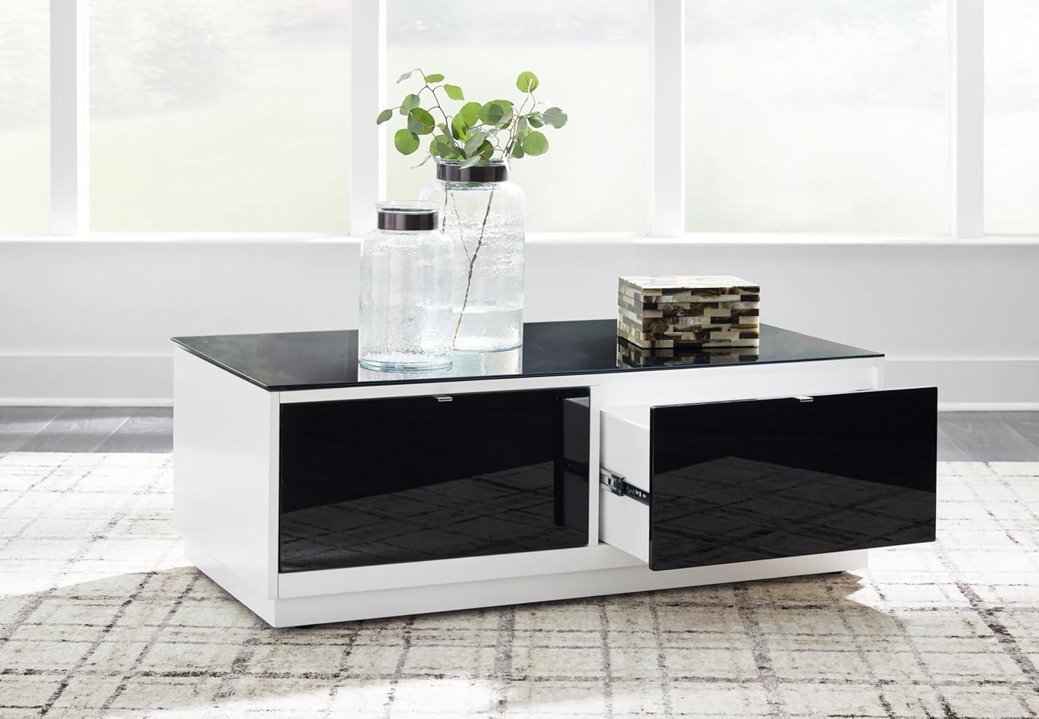 Black and White Rectangular Glass-Top Coffee Table with Storage