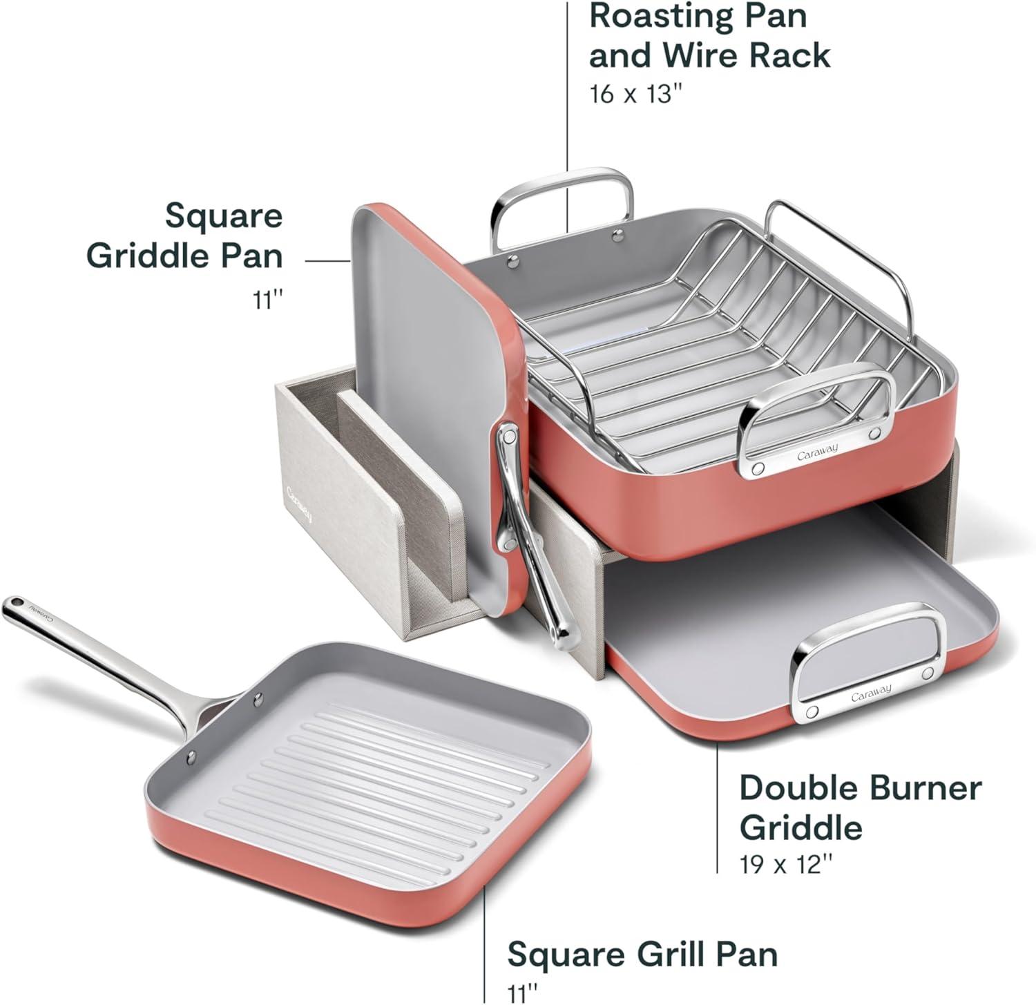 Caraway Home 7pc Square Cookware Set Perracotta: Nonstick Ceramic, Griddle Pans, Roasting Pan, Pot Lid Organizer