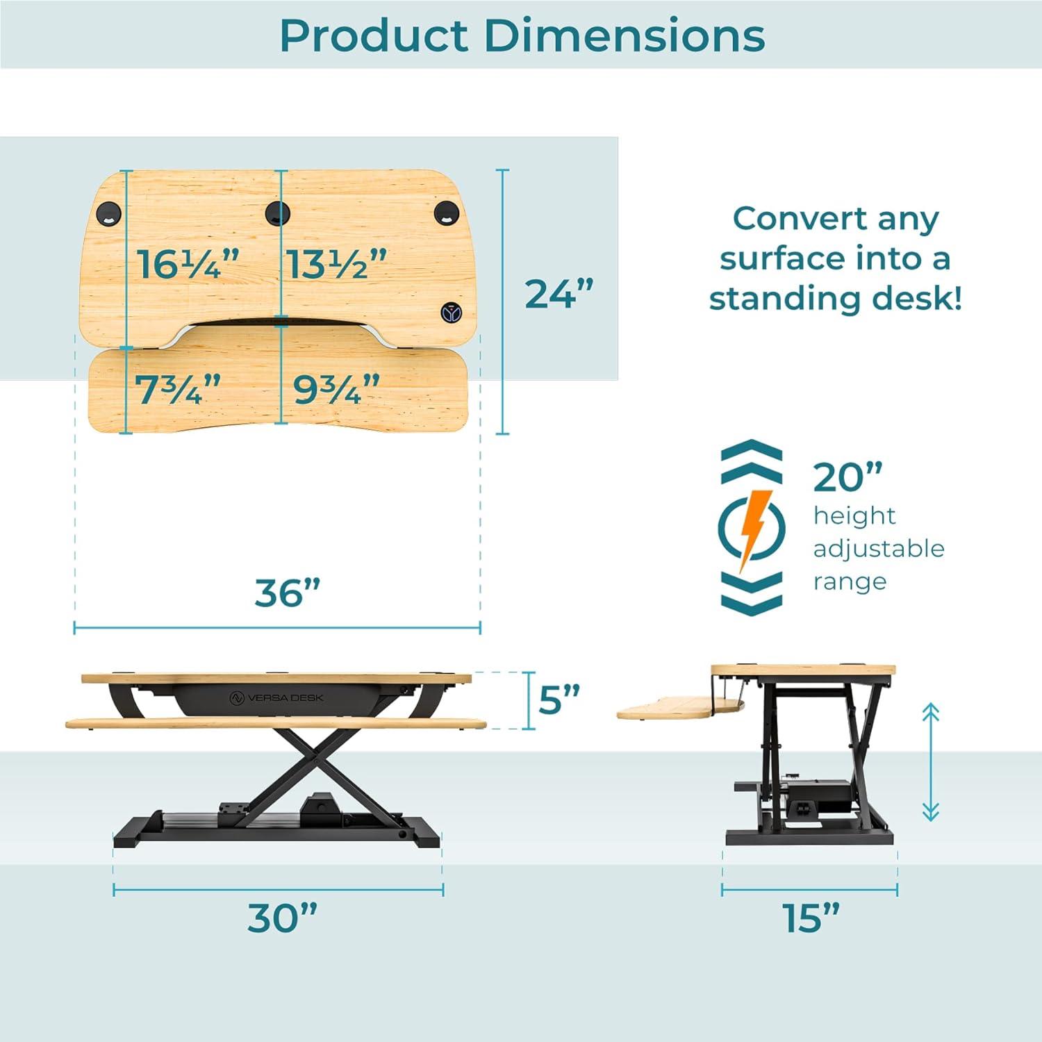 VersaDesk PowerPro 36" x 24" Electric Height Adjustable Standing Desk Converter for Home and Office, Maple, w/ USB Charging Port