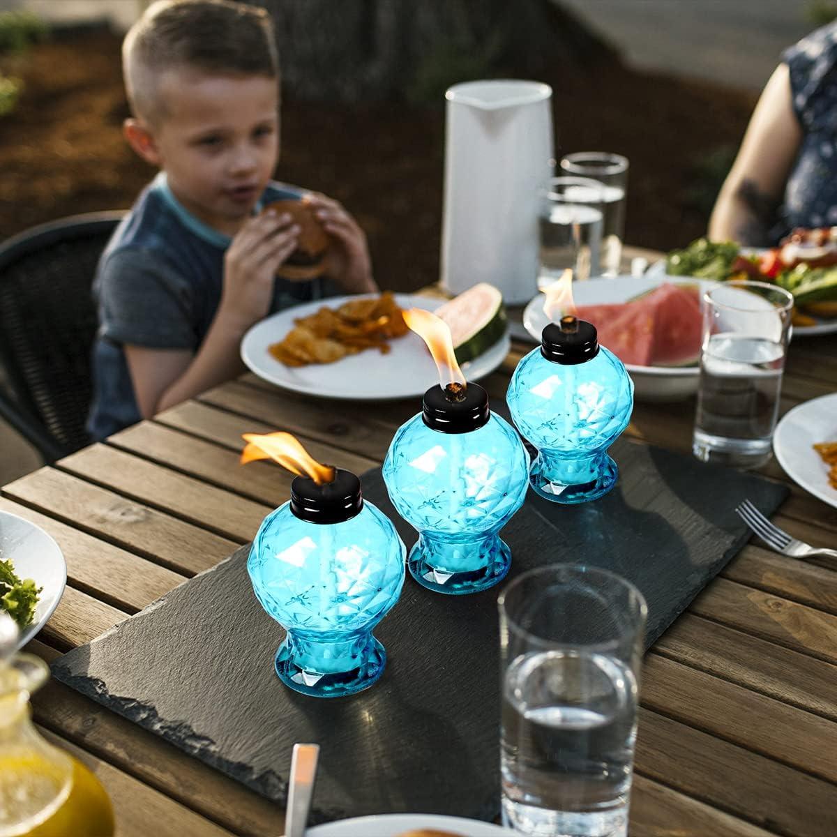 TRAHOO-4 Pack Glass Table Top Light Torches for Outside, Easy to Refill Glass Citronella Torches Outdoor Lanterns, Wick and Cap Included Torch for Garden Patio Yard Party