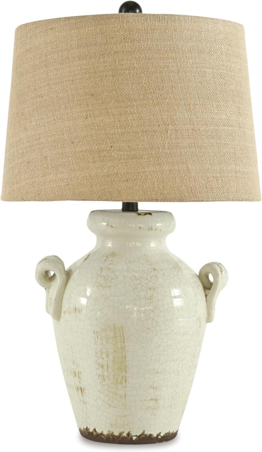 Emelda Cream Ceramic Table Lamp with Beige Drum Shade