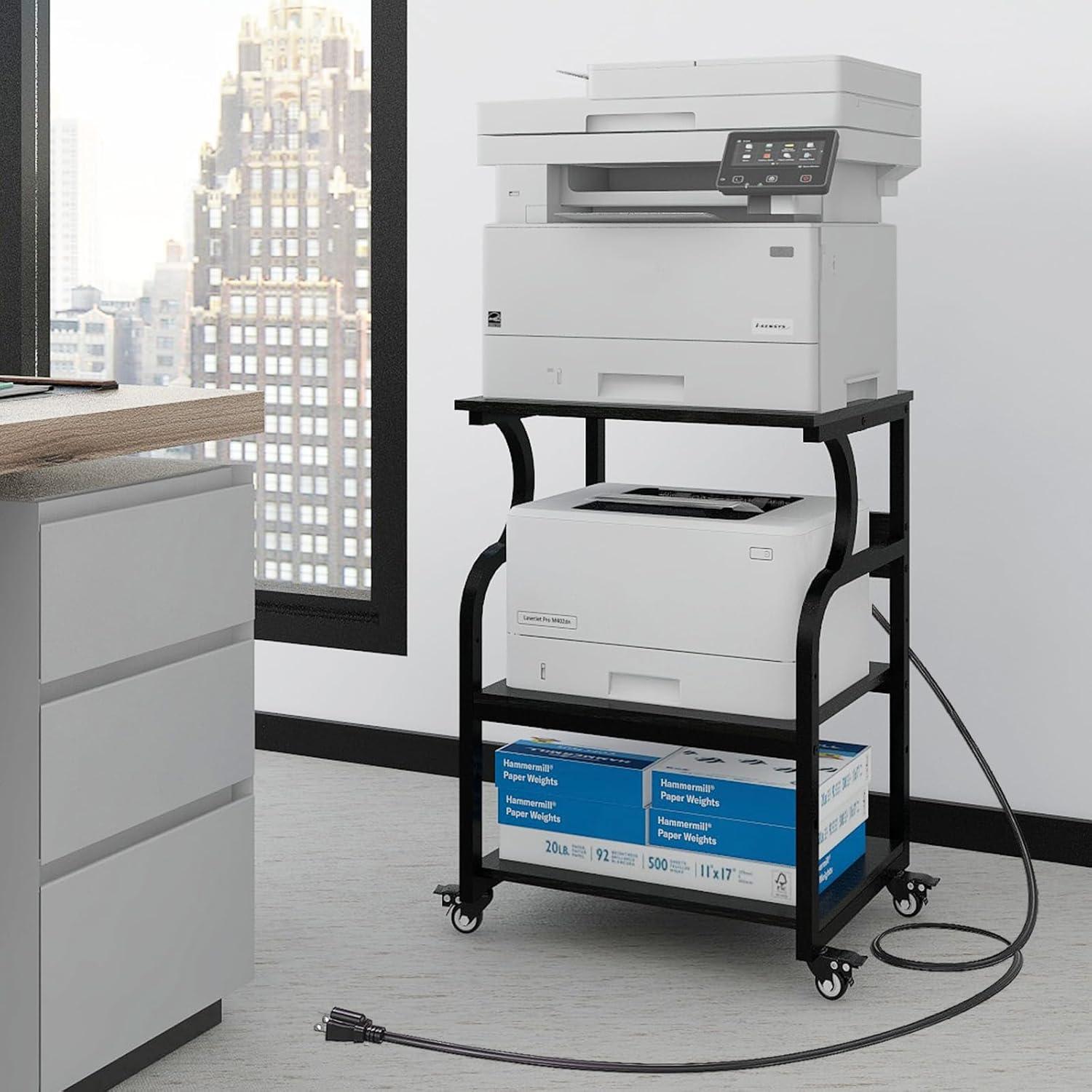 Natwind Large Printer Stand,24''x20''x29''Printer Table with Adjustable Storage Shelf,3 Tier Rolling Printer Cart with Wheels,Home Office Multifunctional Shelves for Heat Press (Black)