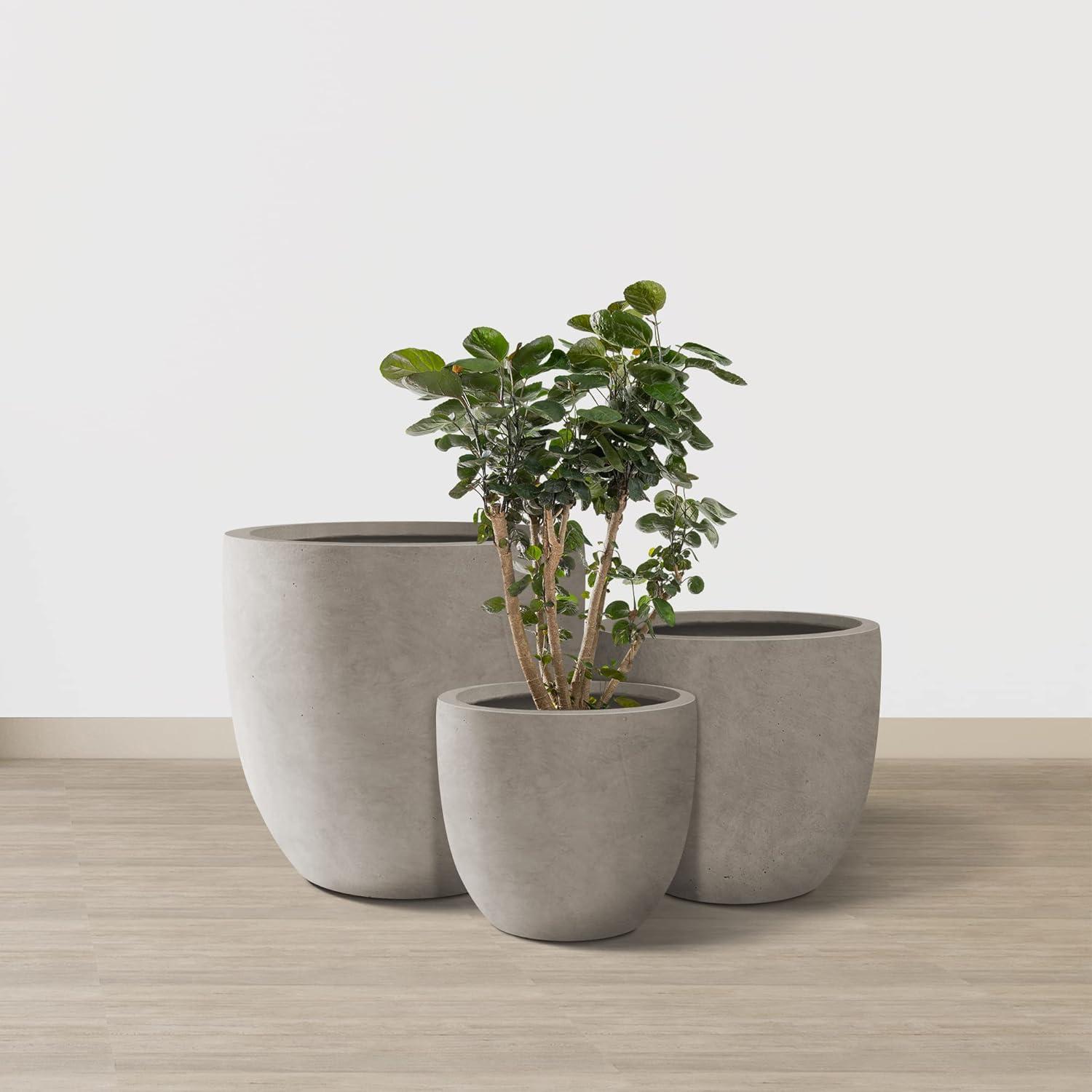 Set of 3 Gray Round Concrete Planters with Drainage Holes