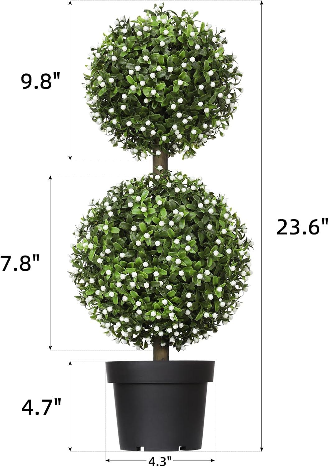 HOMCOM 2 Pack 23.5" Artificial Boxwood Topiary Ball Trees Set of 2, Double Ball-Shaped Boxwood Artificial Topiary Plants for Indoor Outdoor, Green