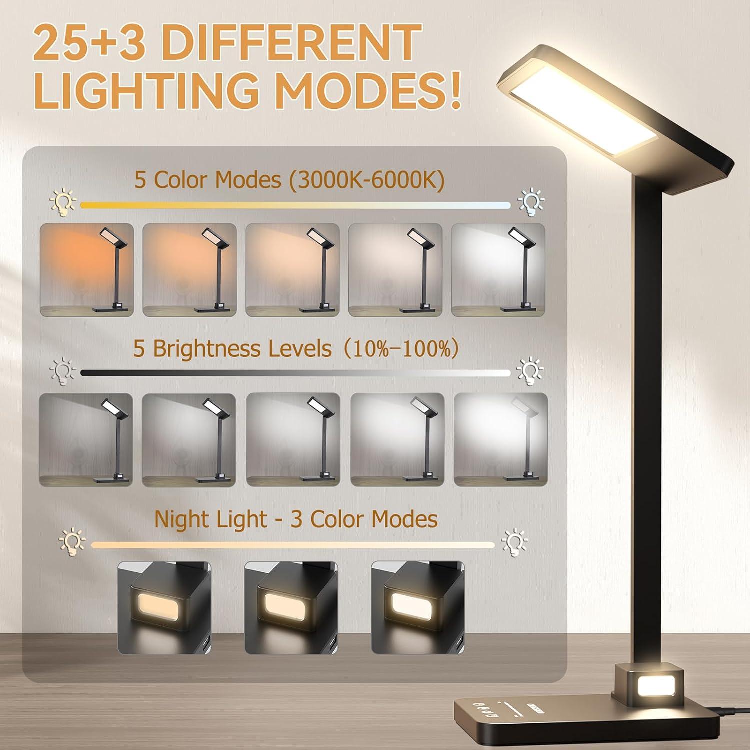 3 in 1 LED Desk Lamp Dimmable Table Lamp Reading Lamp with USB Charging Port and Night Light, Multi-angle Adjustable 25 Lighting Modes Bright Eye-Caring Desk Light Desk Lamp for College Dorm Room