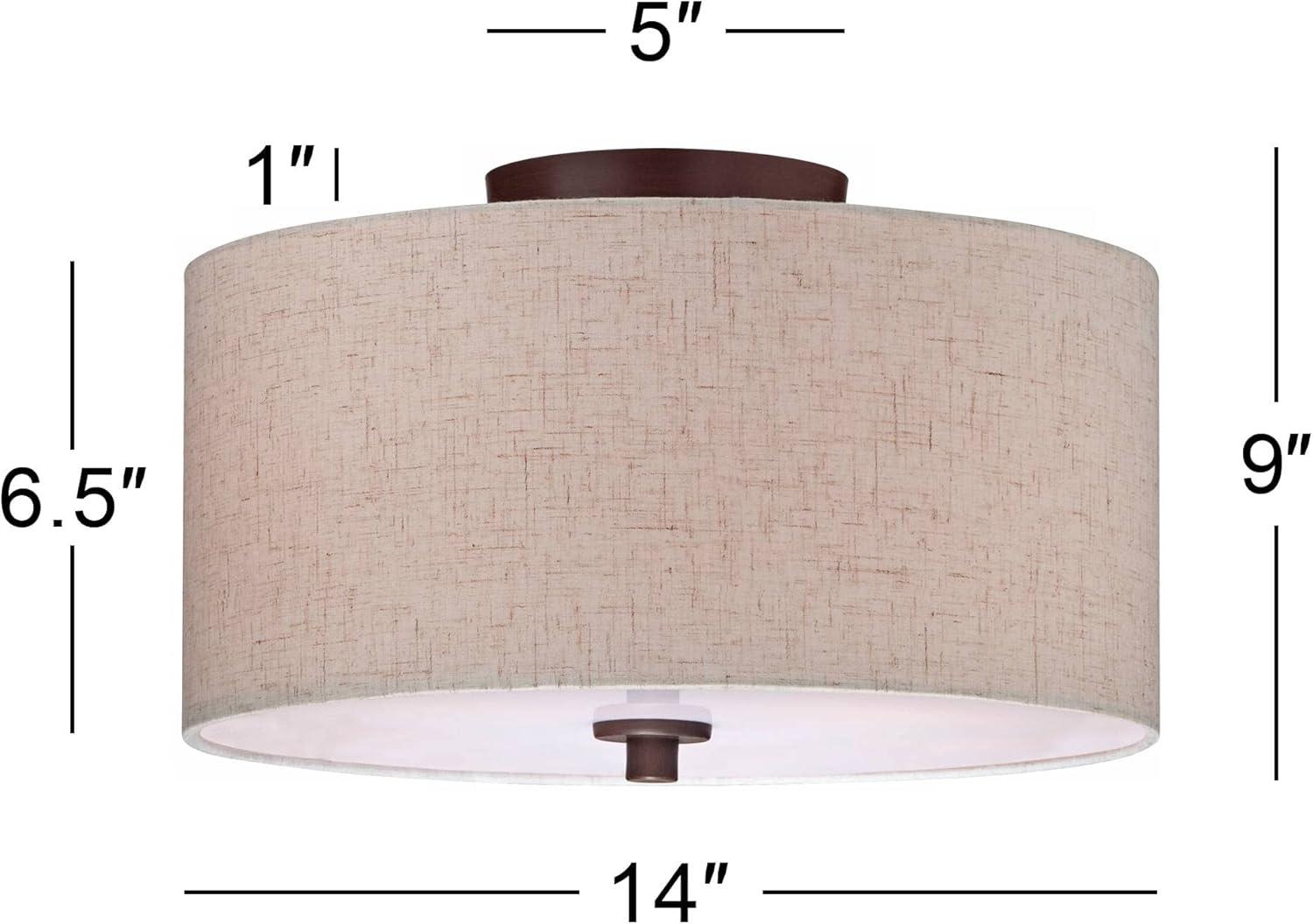 Regency Hill Sylvan Modern Ceiling Light Semi Flush Mount Fixture 14" Wide Bronze 3-Light Oatmeal Fabric Drum Shade for Bedroom Kitchen Living Room