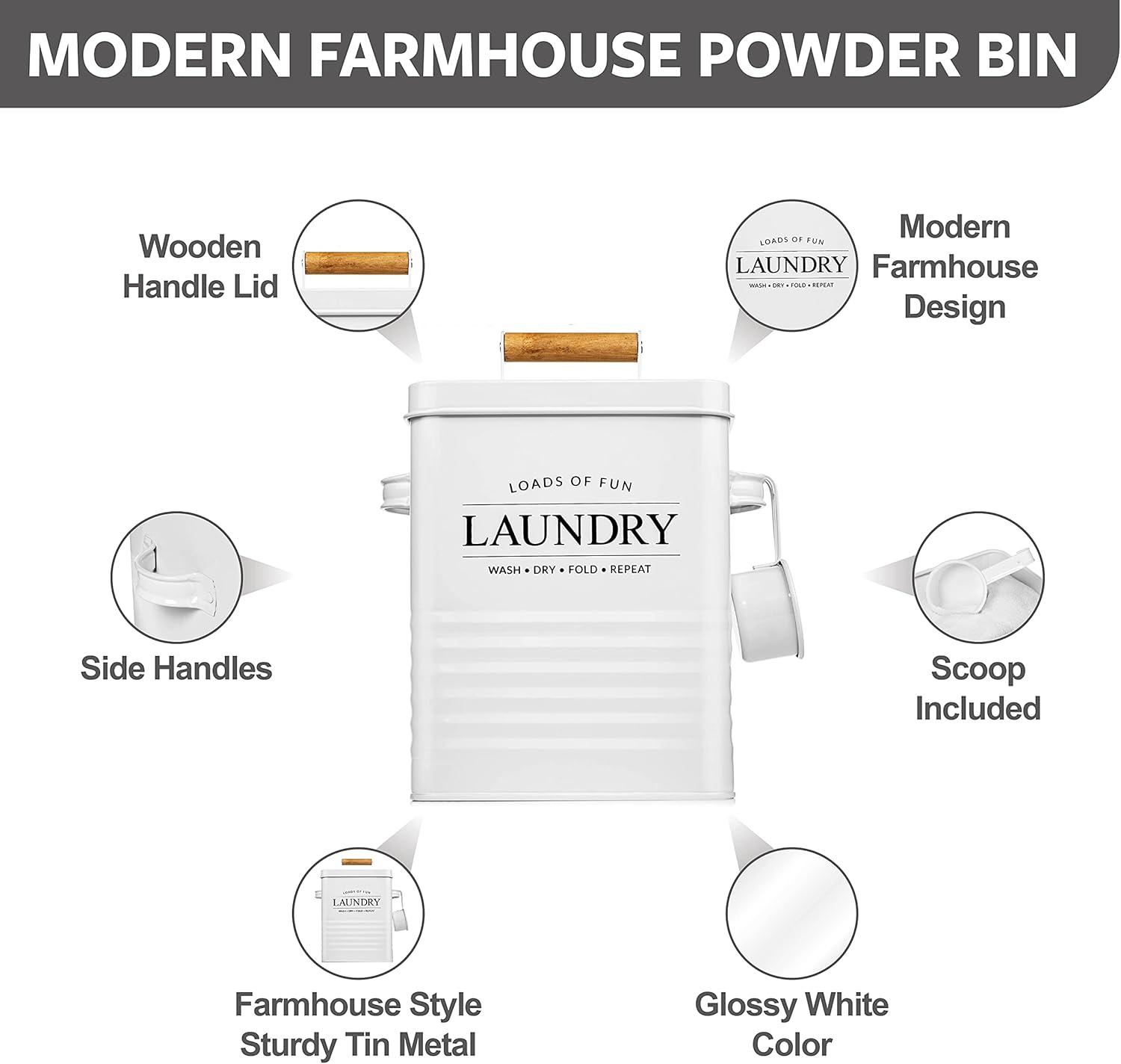 Calindiana Modern Farmhouse Metal Laundry Soap Dispenser with Scoop for Decor and Space Saving Organization, White