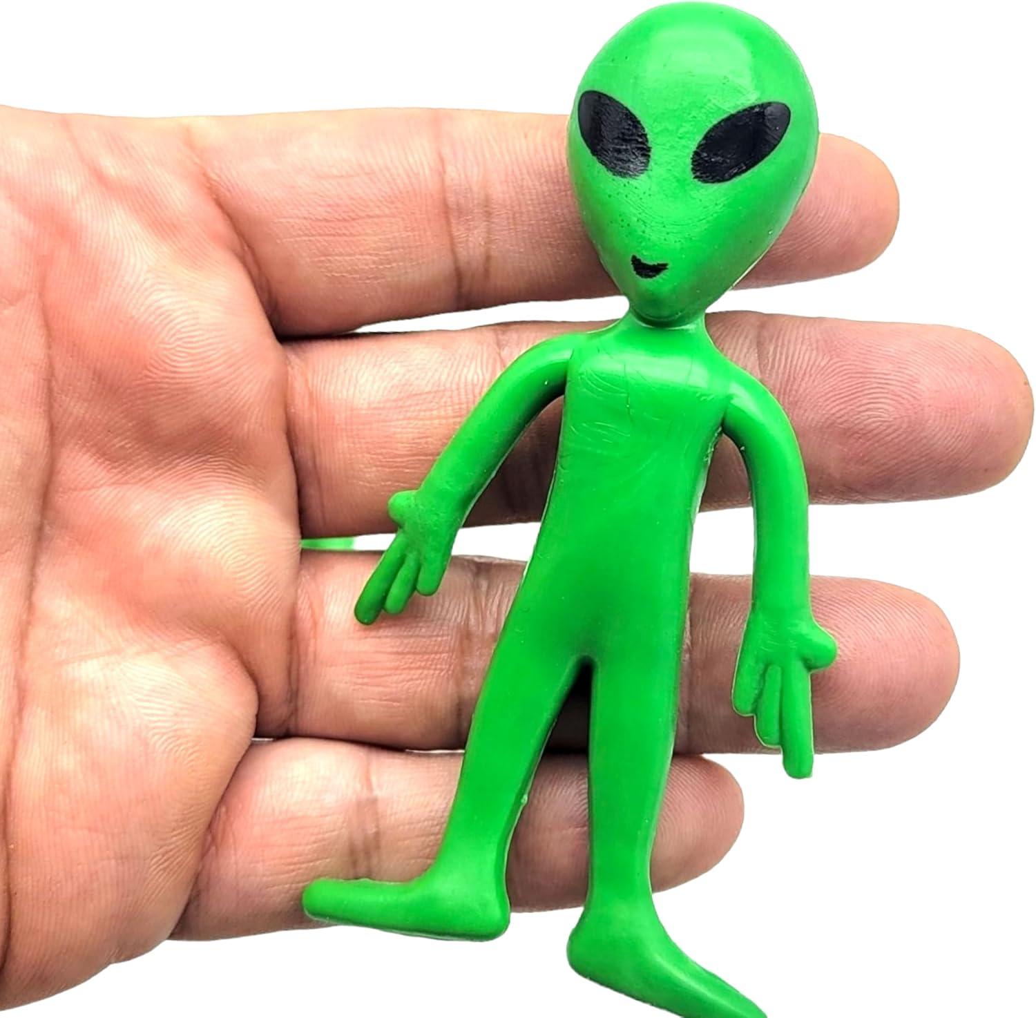 12 Pack- Bendable Rubber Green Aliens (3.75") Action Figures Bendable UFO Aliens Limbs Sensory Stress Relief Fidget Toys. Great Party Favor Trick or Treat Supplies