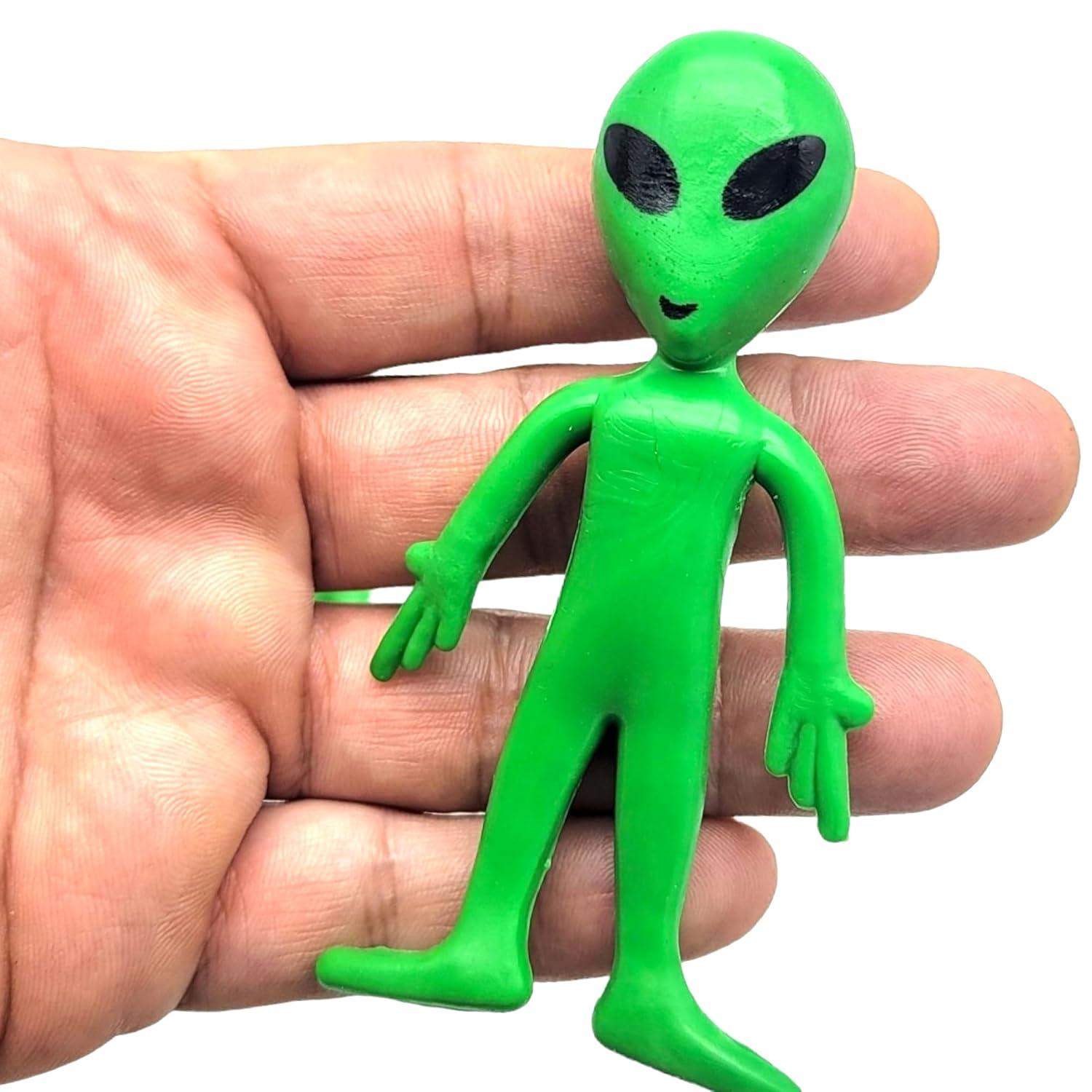12 Pack- Bendable Rubber Green Aliens (3.75") Action Figures Bendable UFO Aliens Limbs Sensory Stress Relief Fidget Toys. Great Party Favor Trick or Treat Supplies