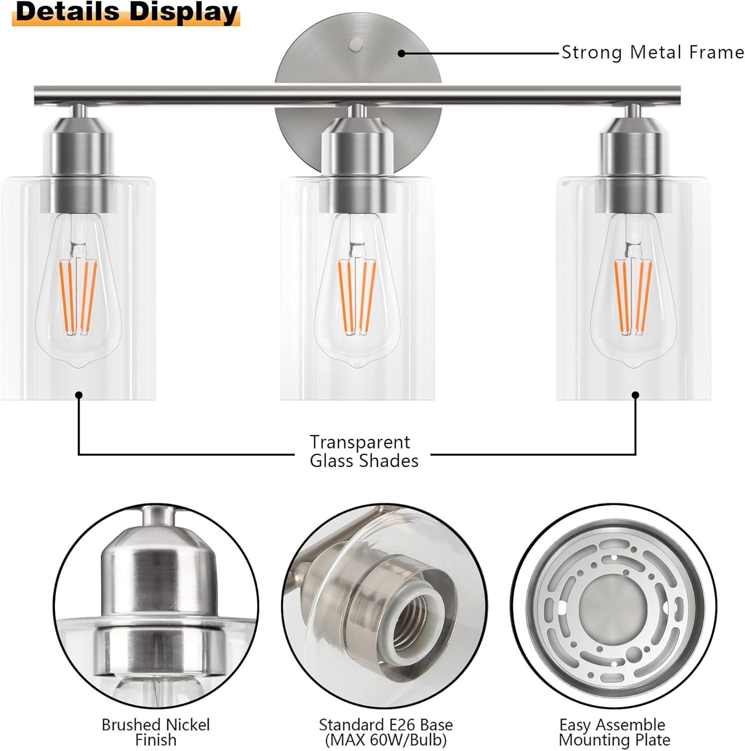 Vanity Wall Light Fixtures, Modern 3 Lights Wall Sconce with Clear Glass Shade, Brushed Nickel Farmhouse Wall Lamp for Bathroom Mirror Kitchen Porch Living Room Workshop (E26 Base)