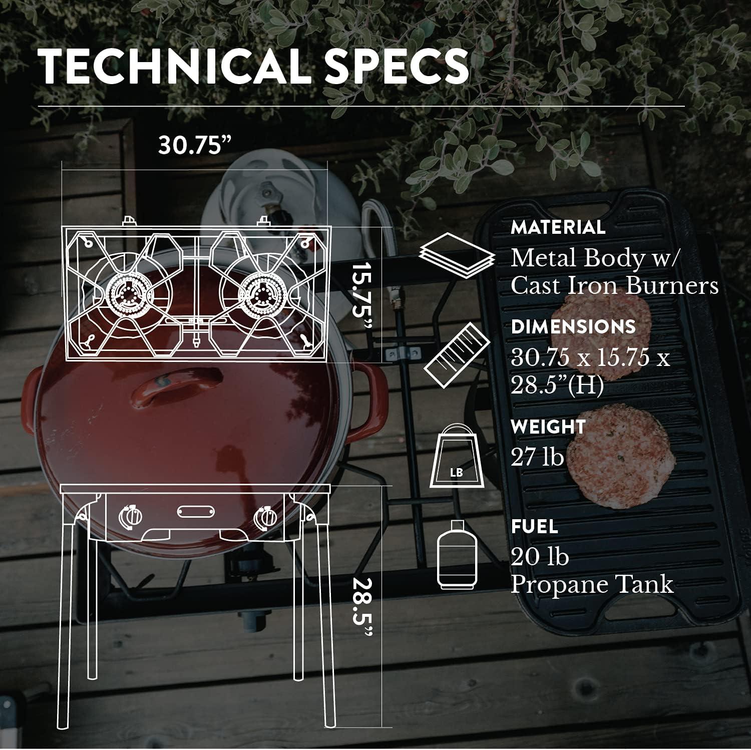 Black Steel 2-Burner Outdoor Propane Camp Stove with Windscreen