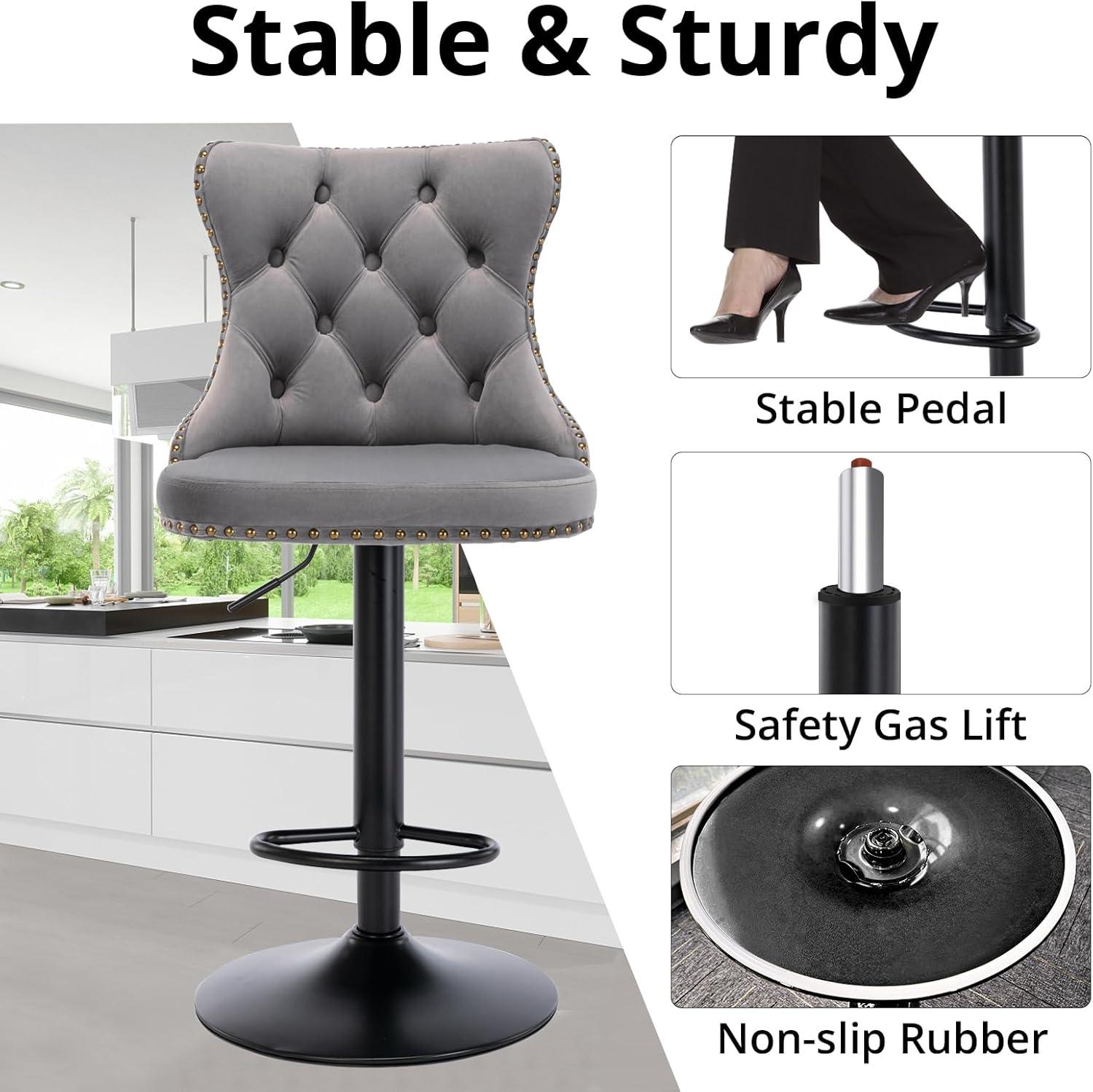 VYNXARIA Swivel Velvet Barstools Adjusatble Seat Height from 25-33 Inch,17.7 inch base, Modern Upholstered Bar Stools,Gray,Set of 2