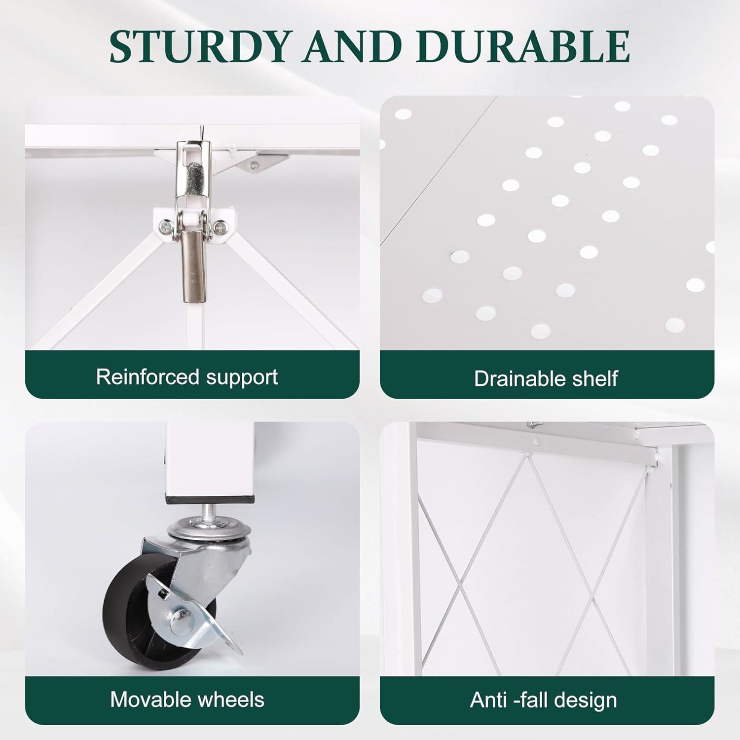 3-Tier Storage Shelves with Wheels, Folding Bookshelf No Assembly, Metal Display Shelf for Balcony, Kitchen, Basement, Pantry, White