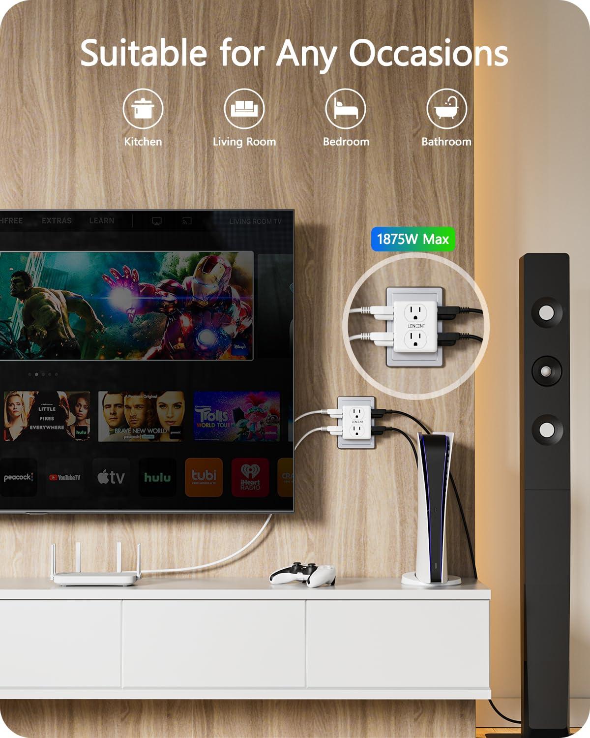 LENCENT Multi Wall Plug Outlet Extender,2 to 3 Prong Outlet Adapter 2 Pack,6 Way outlet Multiple Plugs Outlets Splitter,3-Sided Power Strip,Non-Grounded for Home Office Wall Tap Electrical Outlet