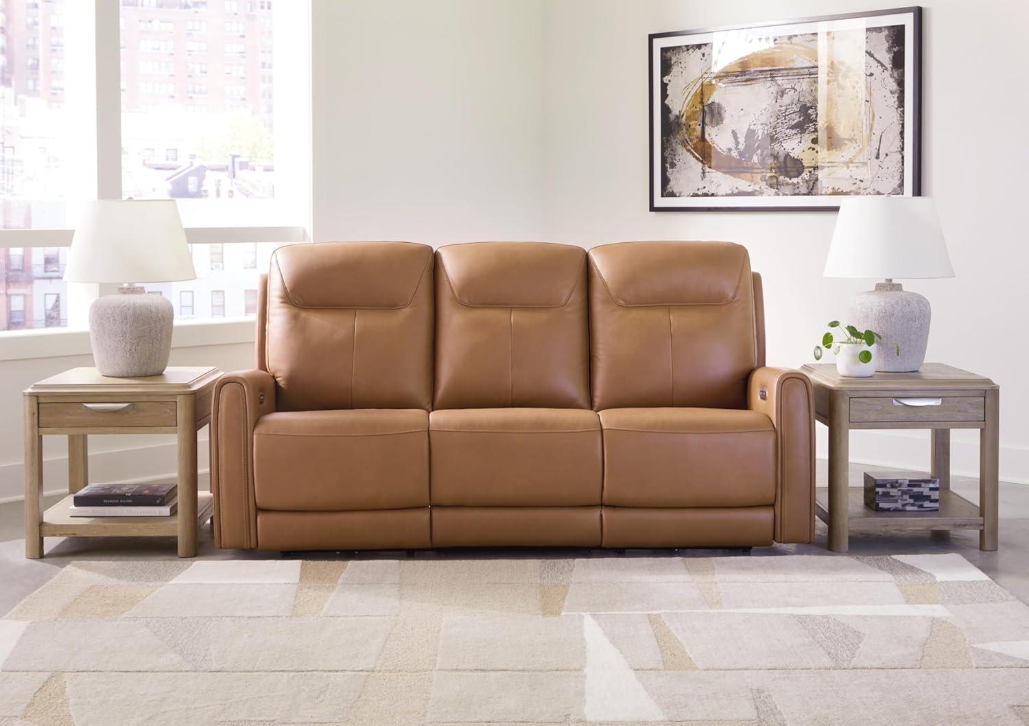 Brown Faux Leather Power Reclining Sofa with Adjustable Headrest