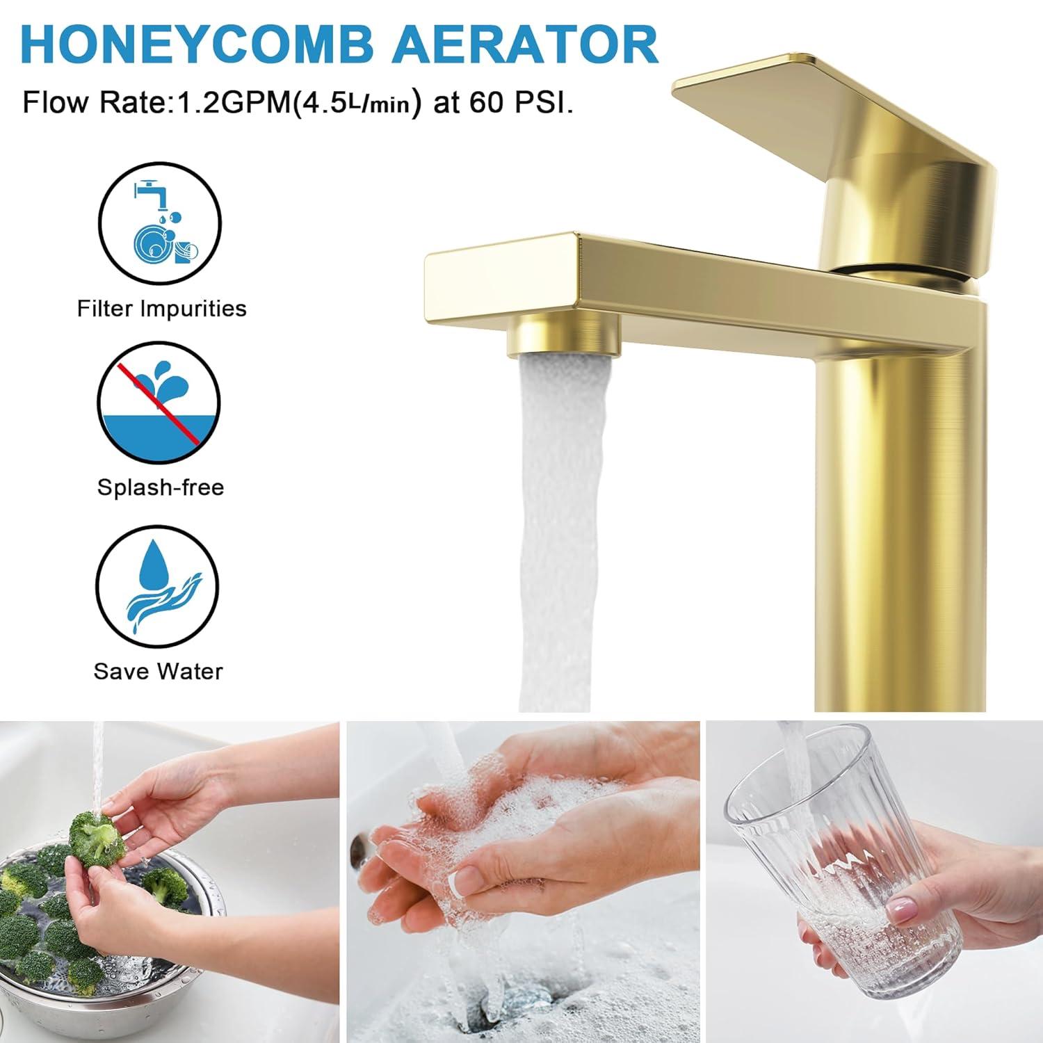 Brushed Gold Bathroom Faucet Gold Bathroom Sink Faucet Single Handle Gold Bathroom Faucet Modern Single Hole Faucet Bathroom with Pop-up Sink Drain Stopper & Deck Plate 1 or 3 Hole Bathroom Faucet
