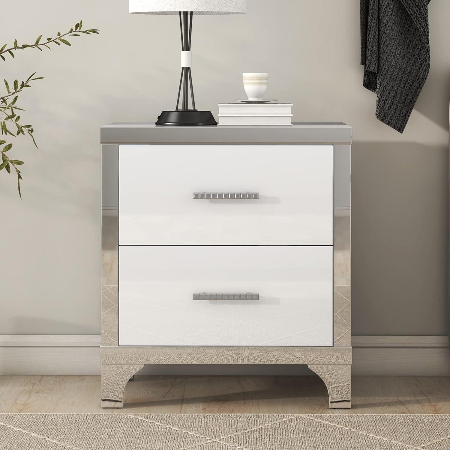 Elegant High Gloss Nightstand with Metal Handle,Mirrored Bedside Table with 2 Drawers,End Table Side Table for Bedroom,Living Room,White