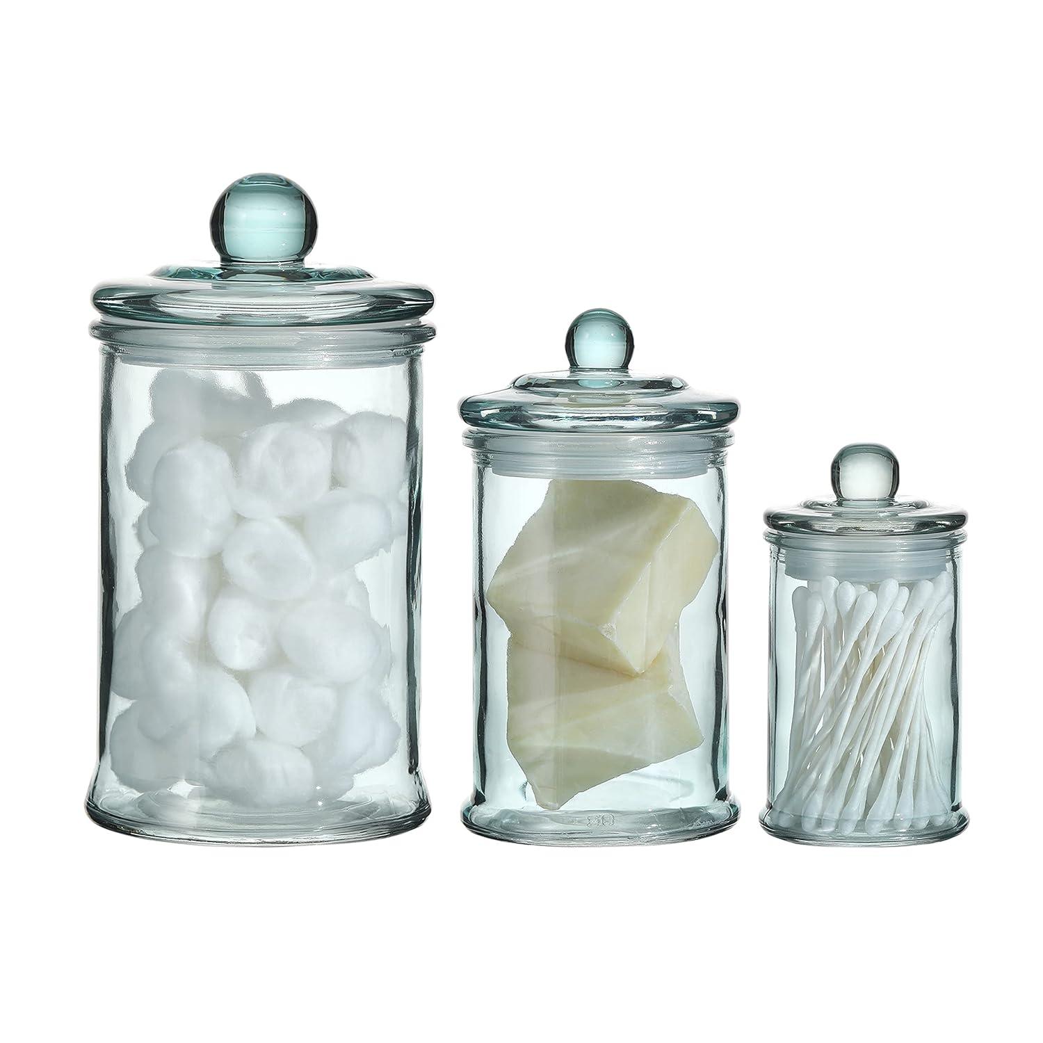 Glass Apothecary Jar | Bathroom Storage Organizer Canister (Set of 3, Blue)