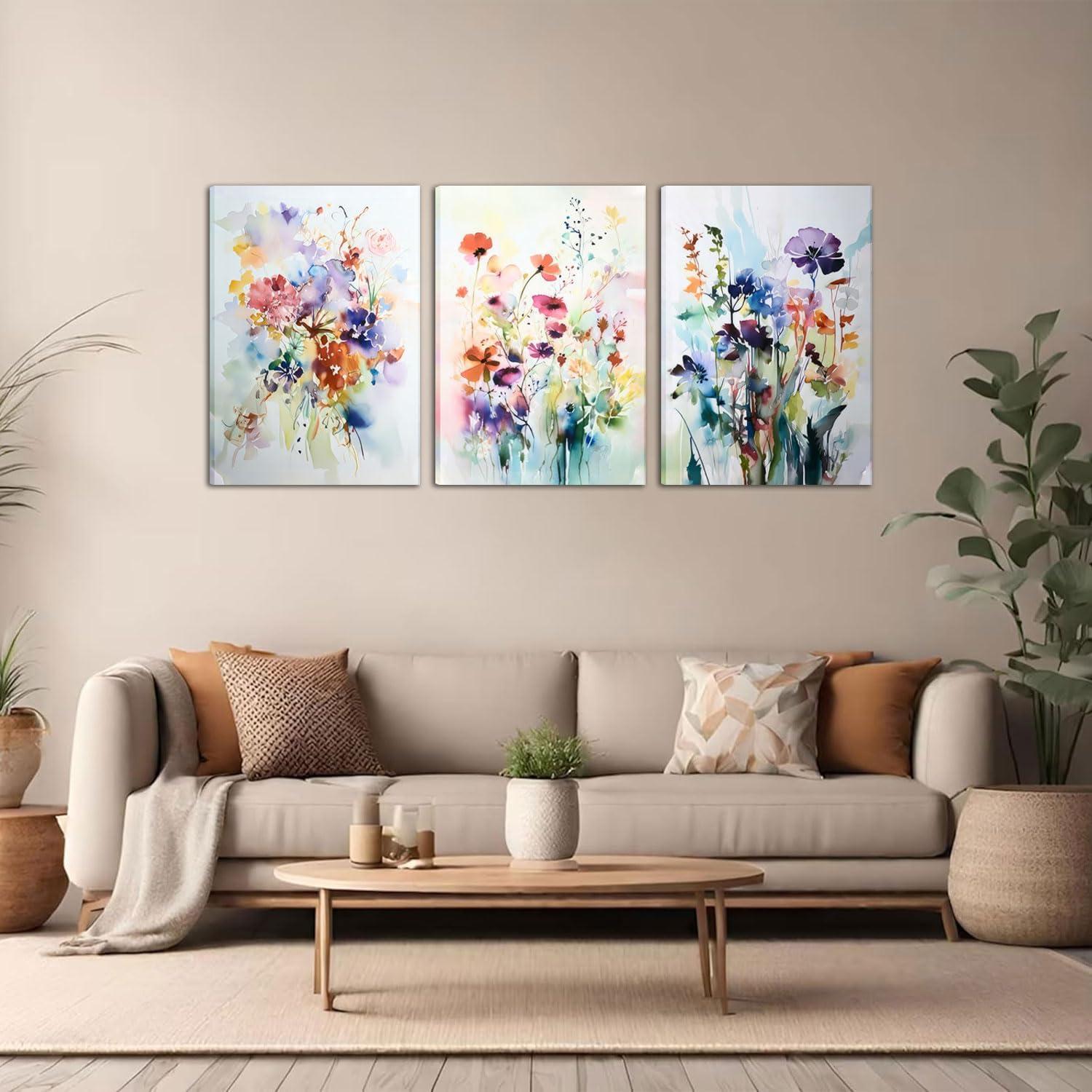 JRXY 3 Pcs Framed Watercolor Floral Botanical Canvas Wall Art Colorful Wildflower Plant Paintings Prints Posters 12x16 in