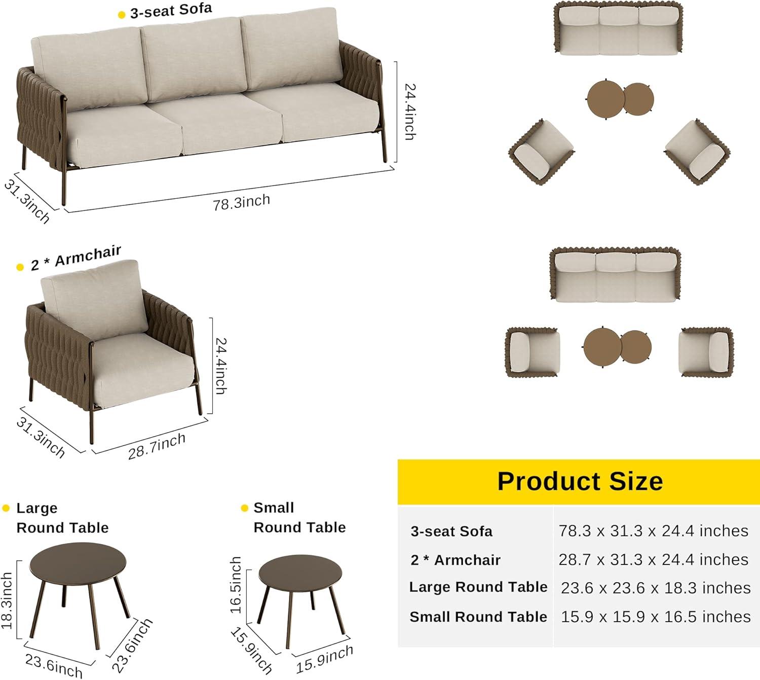 EAST OAK Patio Furniture Set 5 Pieces Sofa with Two Round Coffee Table  and Waterproof Thick Cushion Deep Seating